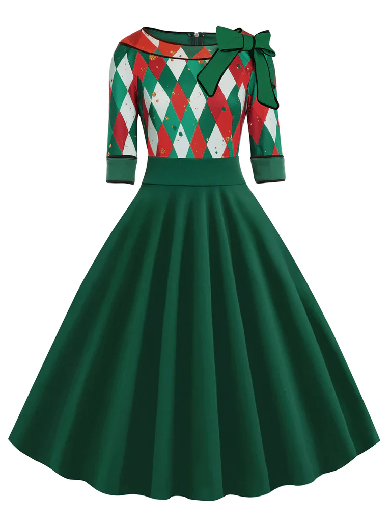 Red 1950s Christmas Plaids Bow Decor Dress - Image 8
