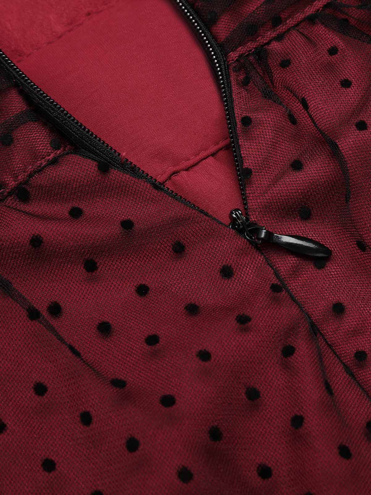 Red 1950s Dots Mesh Swing Dress - Image 9