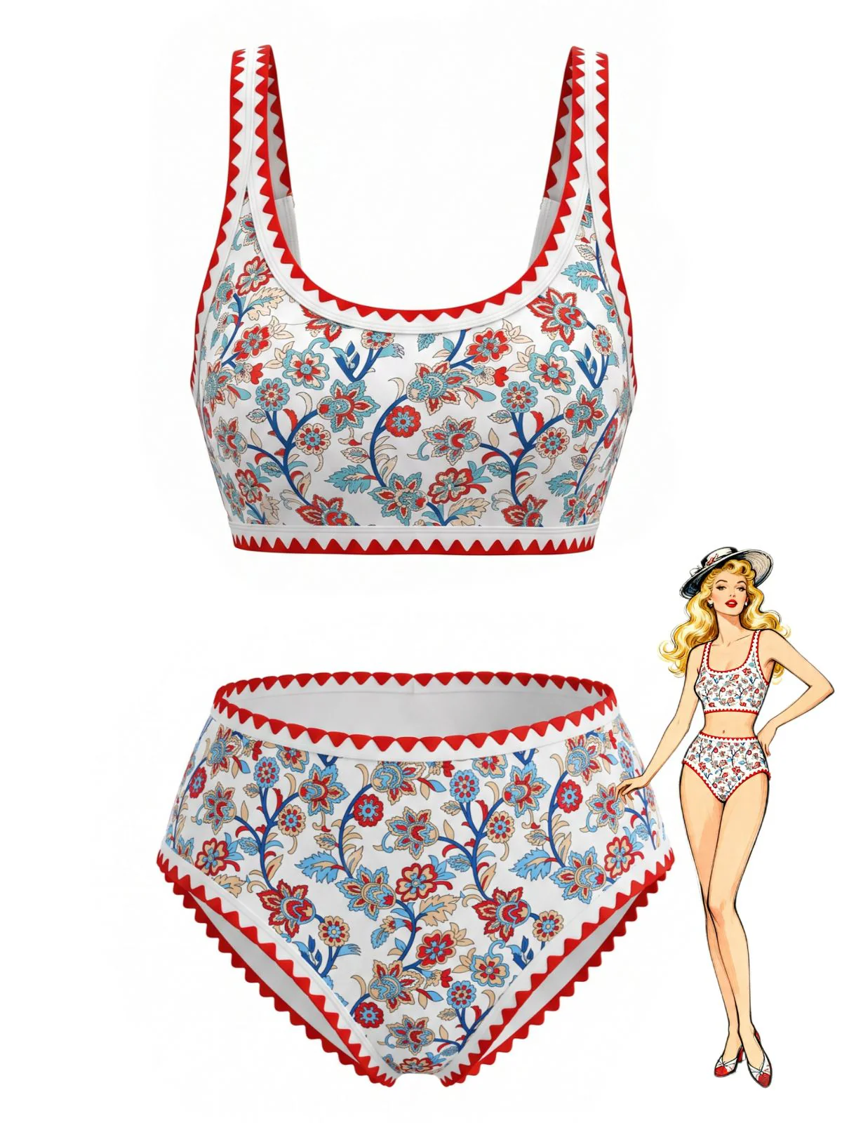 Red 1950s Floral Zigzag Trim U-Neck Tankini Set