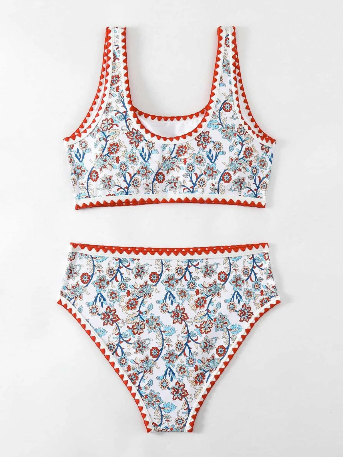 Red 1950s Floral Zigzag Trim U-Neck Tankini Set - Image 7