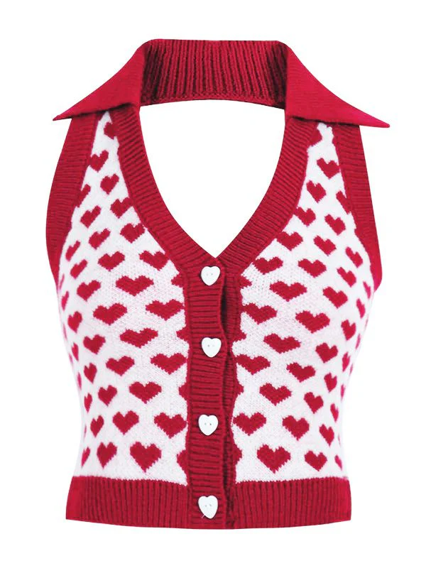 Red 1950s Knitting Heart Halter Button Tops