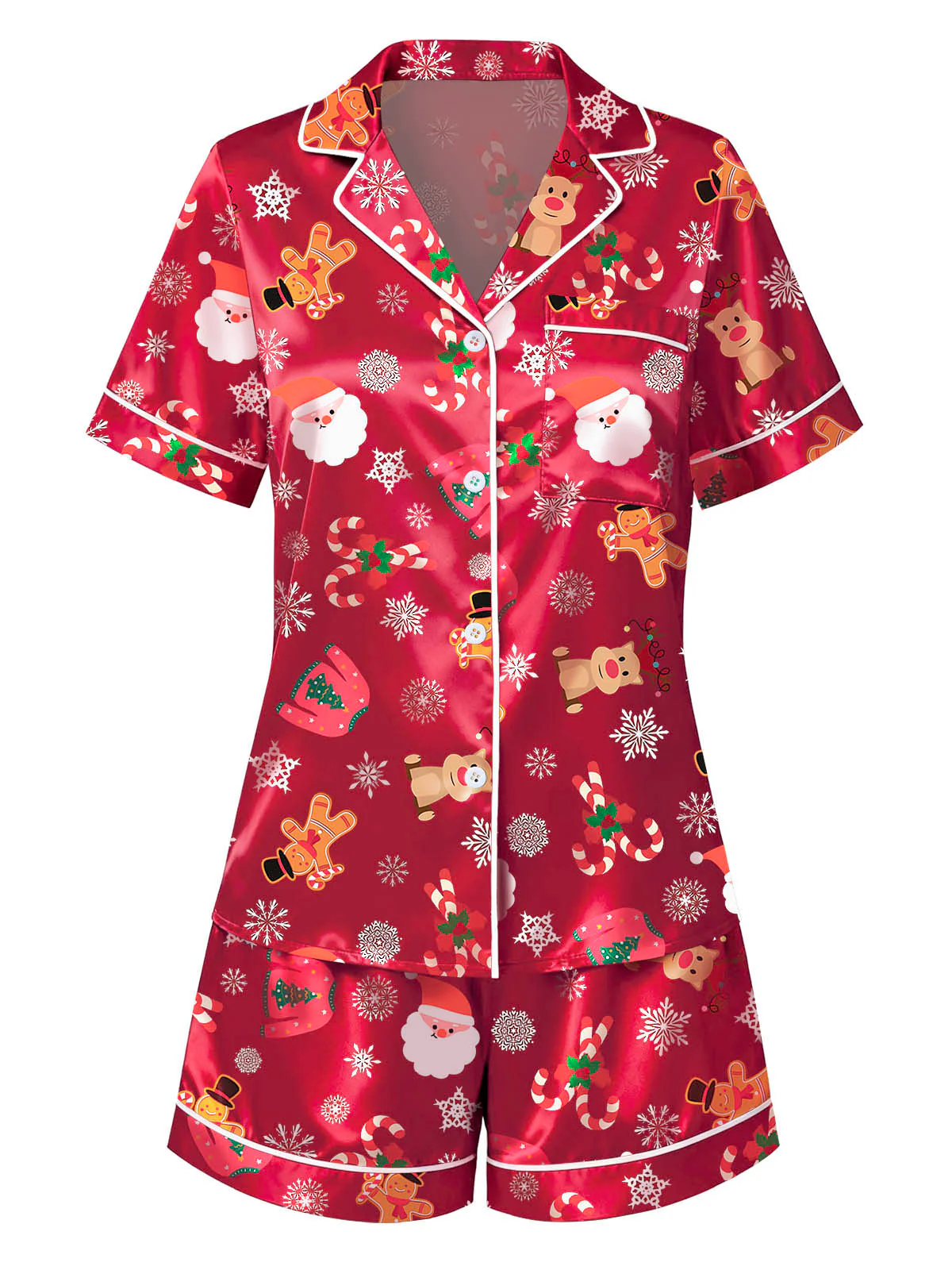 Red 1950s Lapel Christmas Print Pajama Set