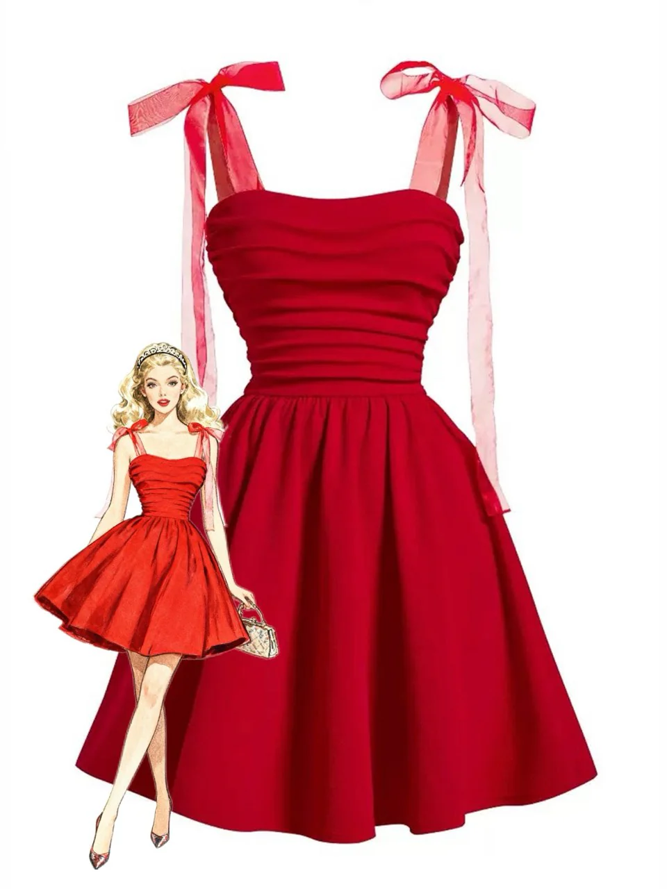 Red 1950s Mesh Bow Strap Ruched Dress