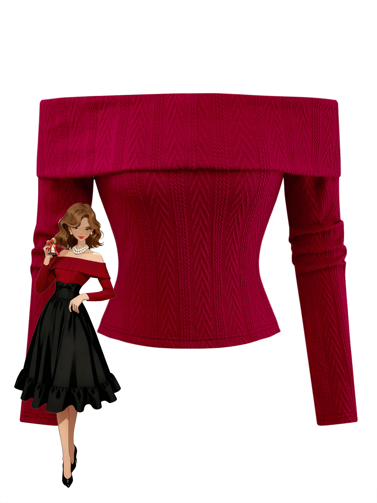Red 1950s Off-Shoulder Knitted Sweater