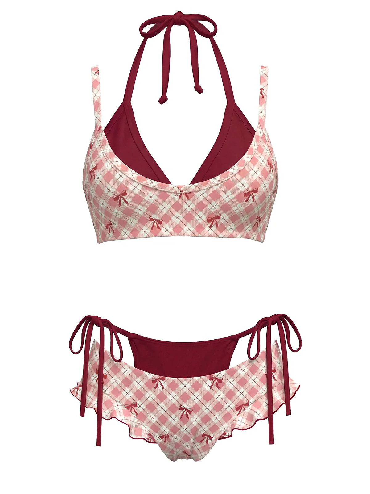 Red 1950s Plaid Bow Halter Double Layer Bikini Set - Image 2