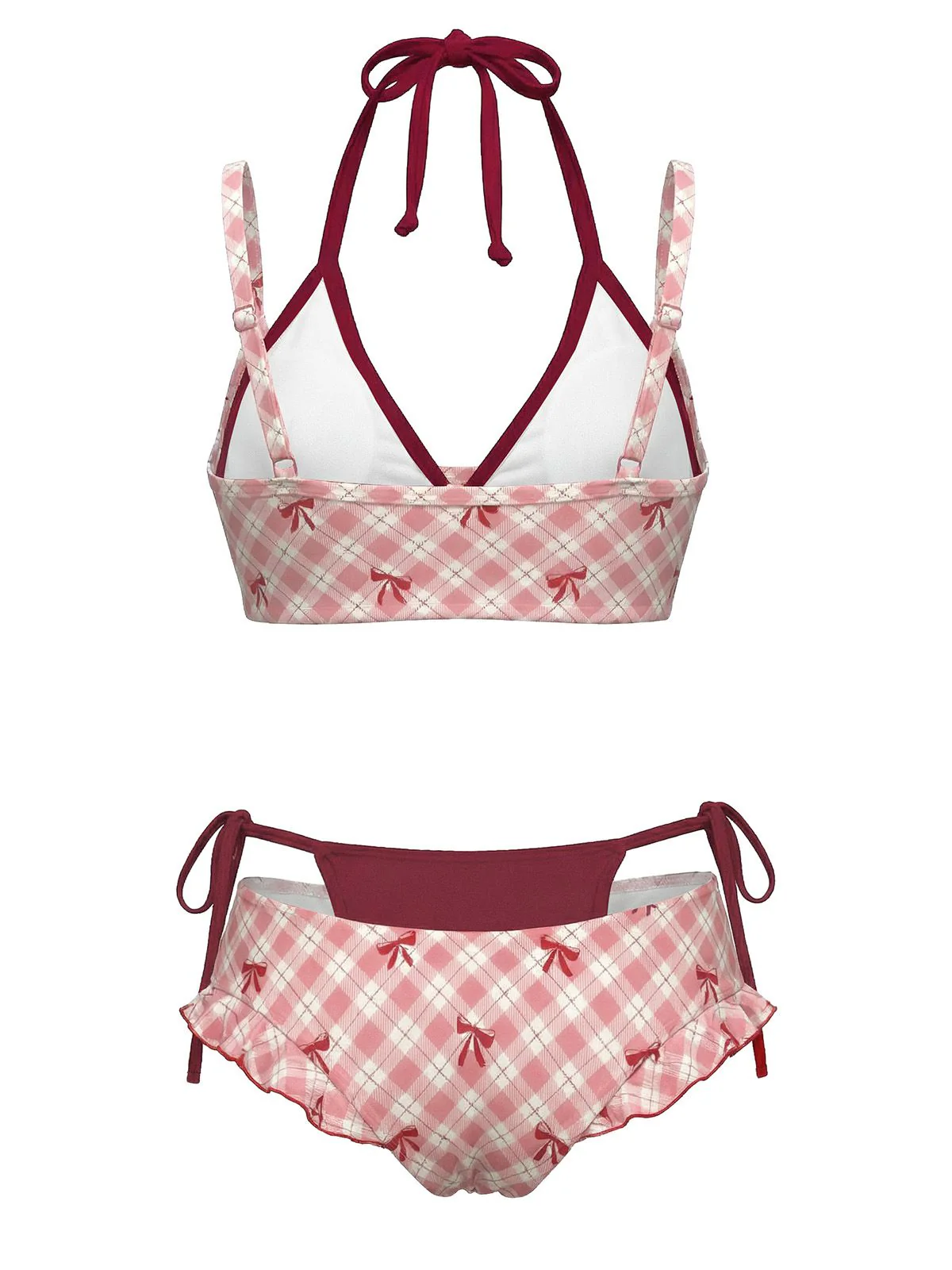 Red 1950s Plaid Bow Halter Double Layer Bikini Set - Image 3