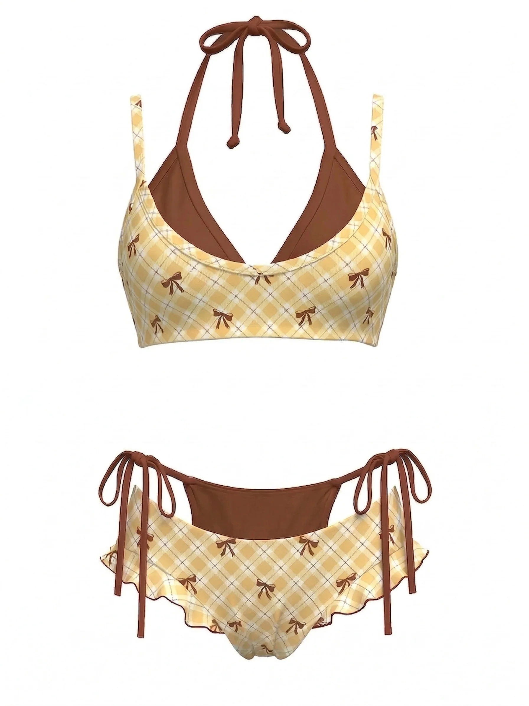 Red 1950s Plaid Bow Halter Double Layer Bikini Set - Image 4