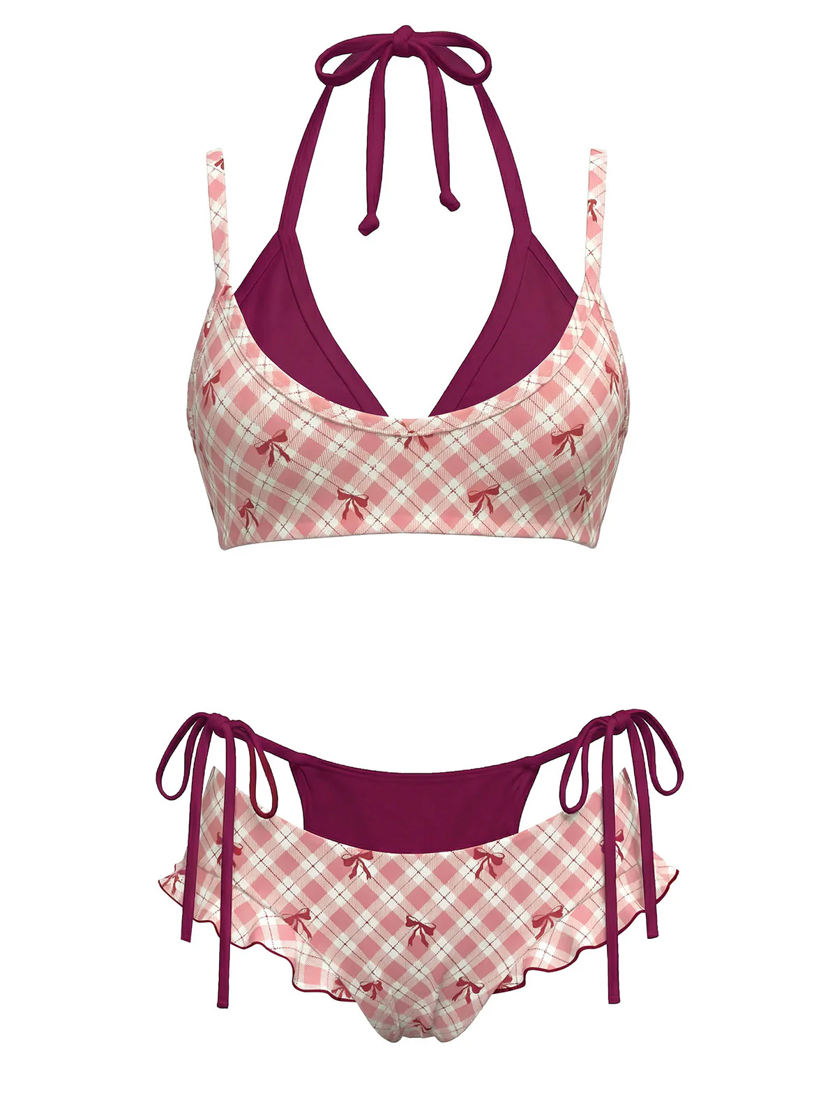 Red 1950s Plaid Bow Halter Double Layer Bikini Set - Image 5