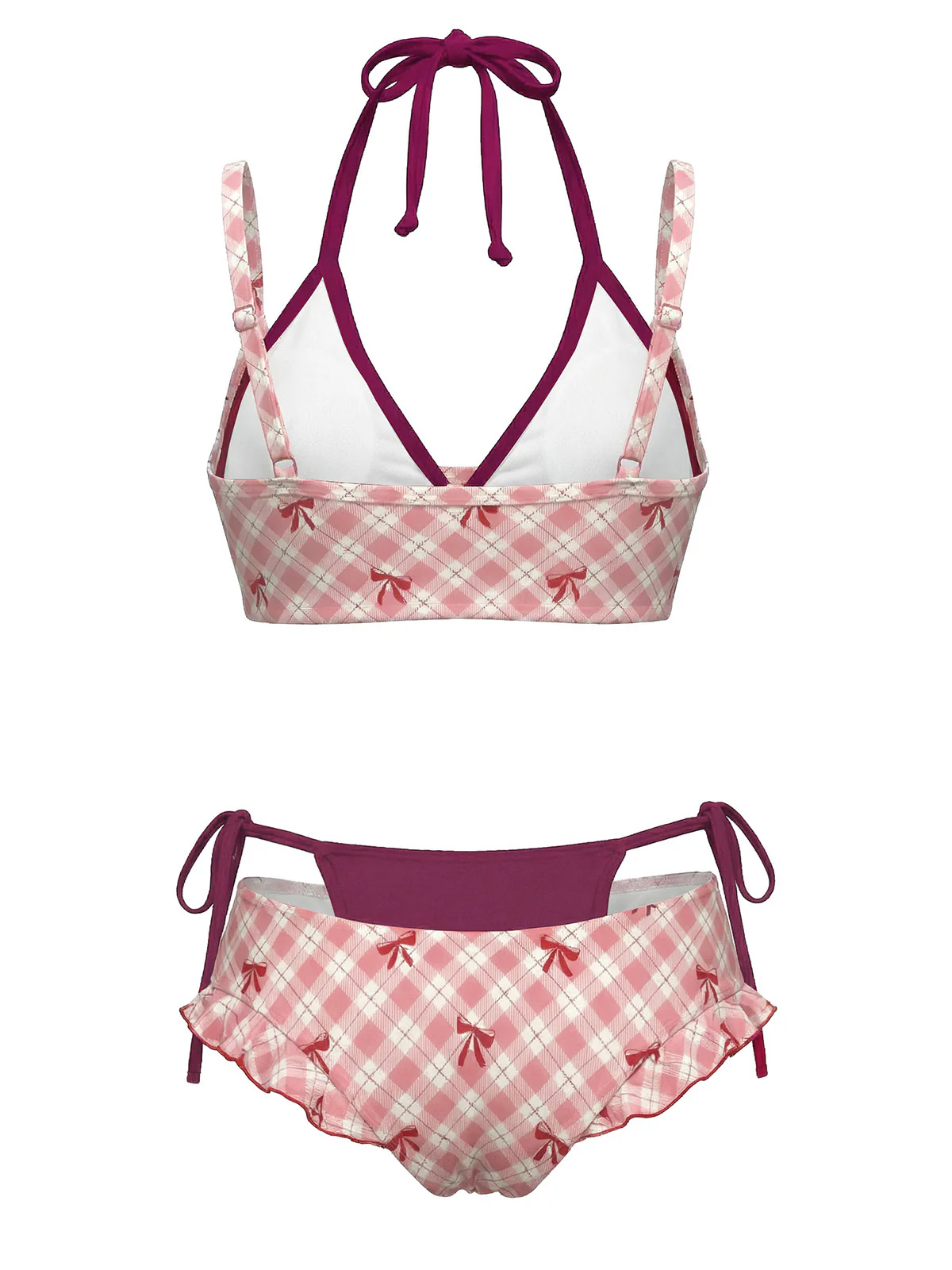 Red 1950s Plaid Bow Halter Double Layer Bikini Set - Image 6