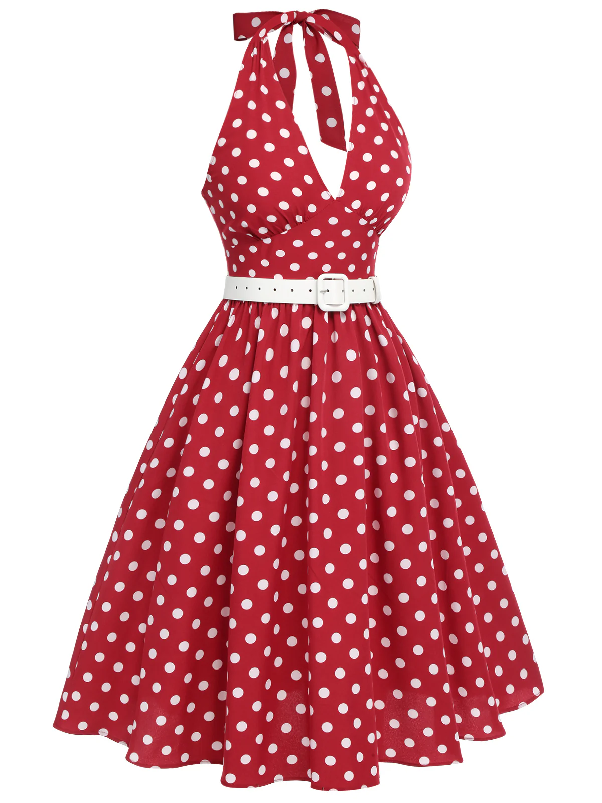 Red 1950s Polka Dot Halter Dress - Image 3