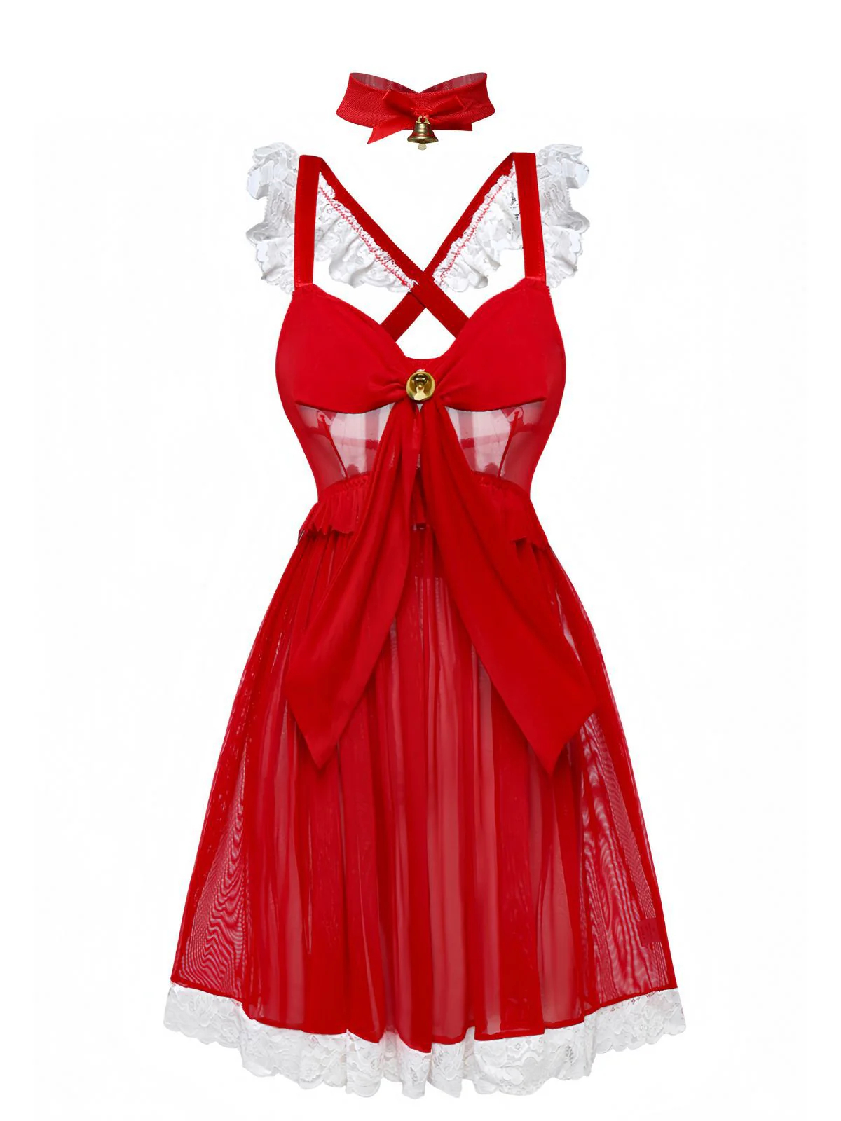 Red 1950s Ruffle Strap Lace Sheer Nightdress