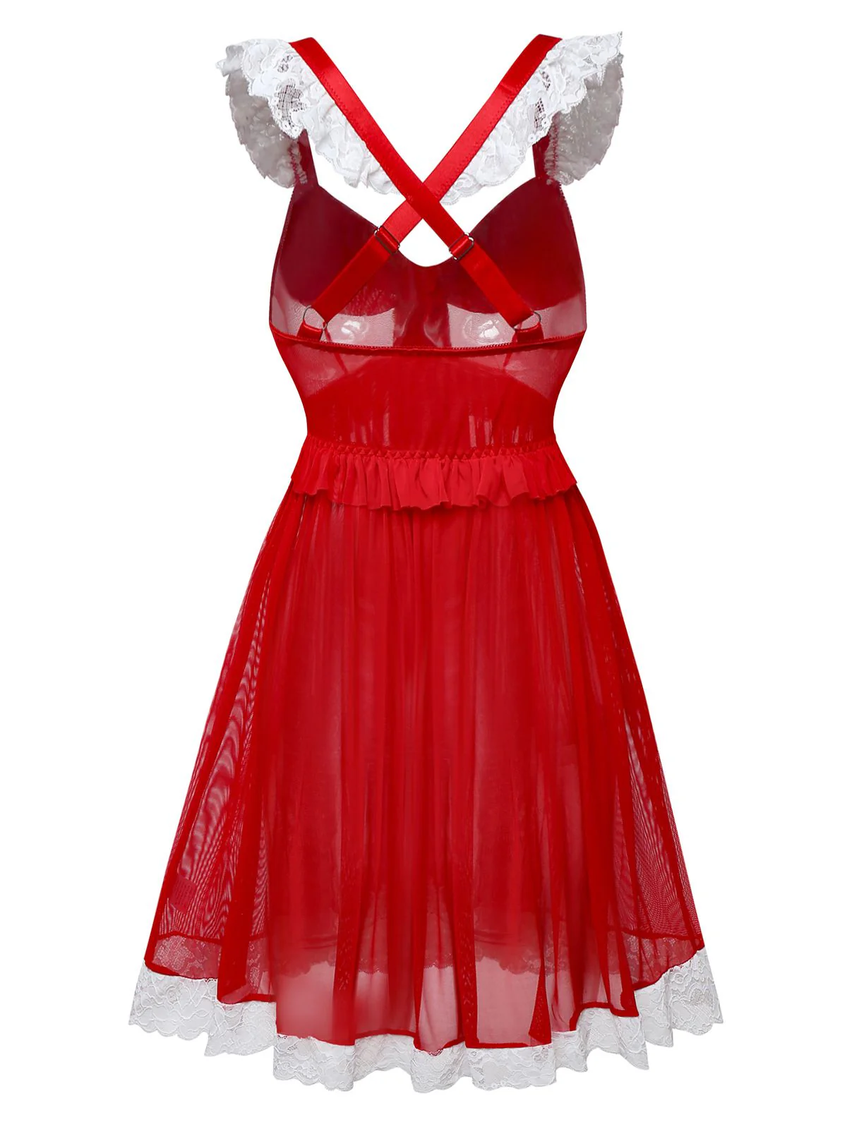 Red 1950s Ruffle Strap Lace Sheer Nightdress - Image 3