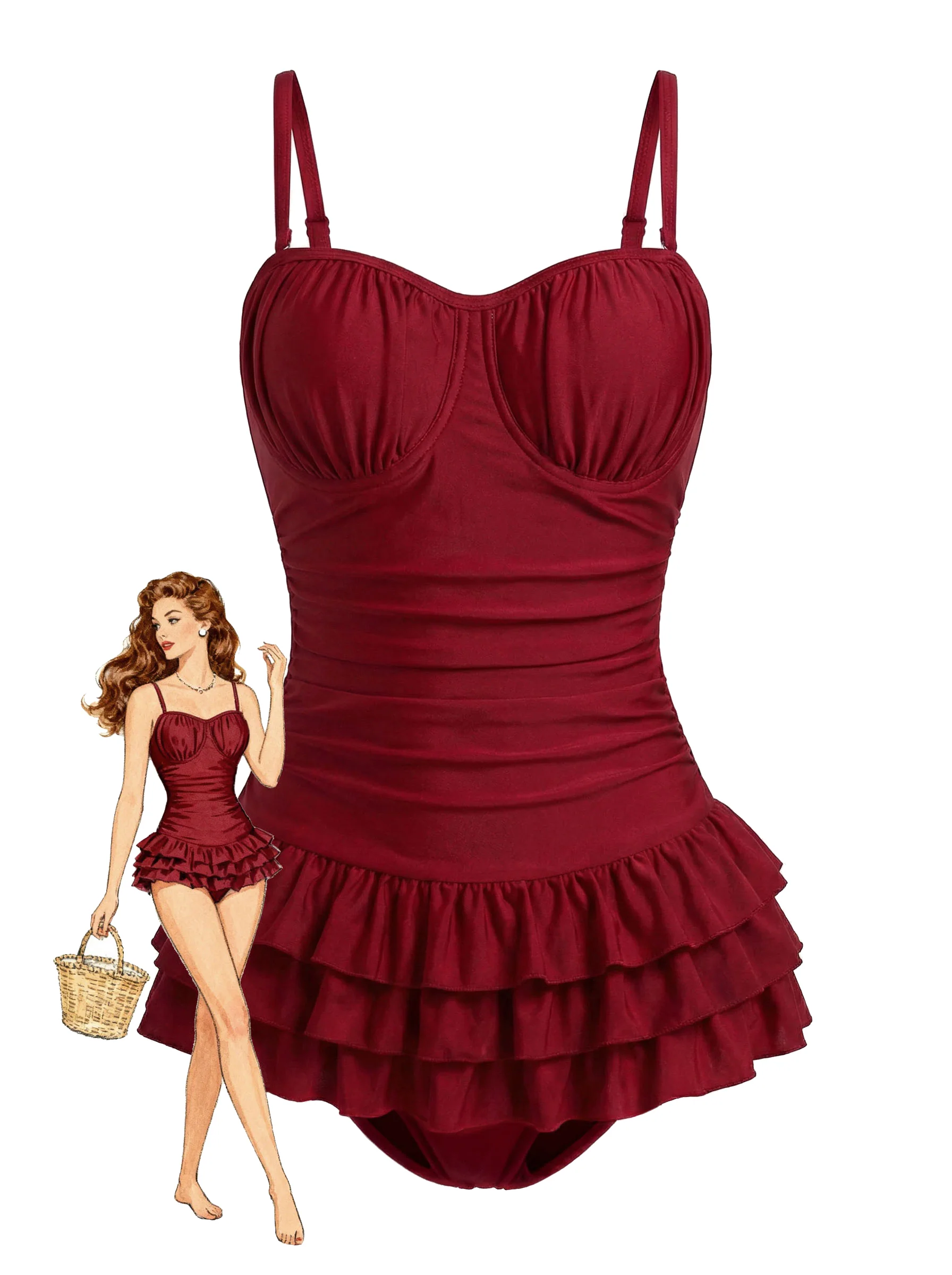 Red 1950s Ruffled Ruched Tiered One-Piece Swimsuit - Image 4