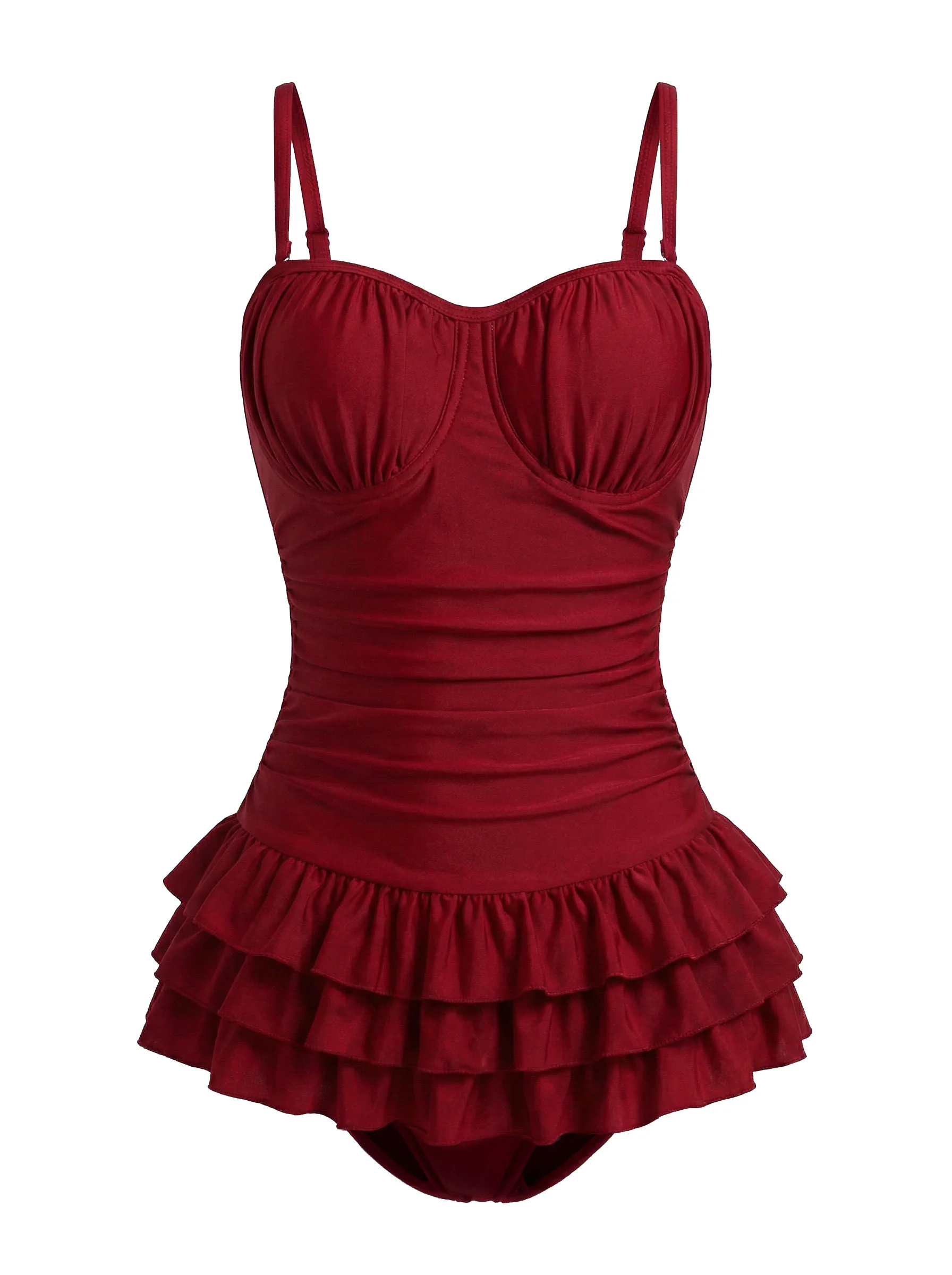 Red 1950s Ruffled Ruched Tiered One-Piece Swimsuit - Image 6