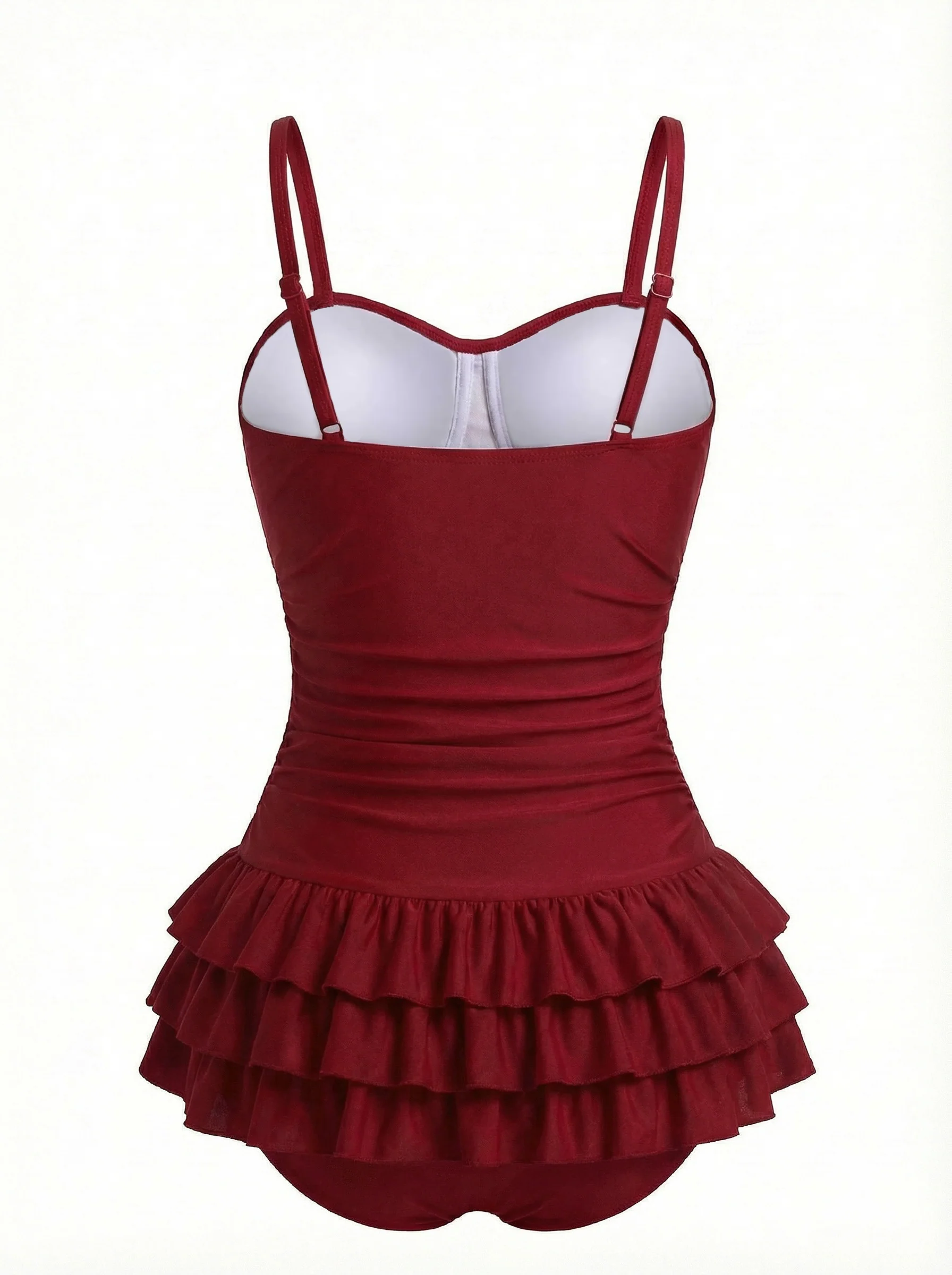 Red 1950s Ruffled Ruched Tiered One-Piece Swimsuit - Image 7