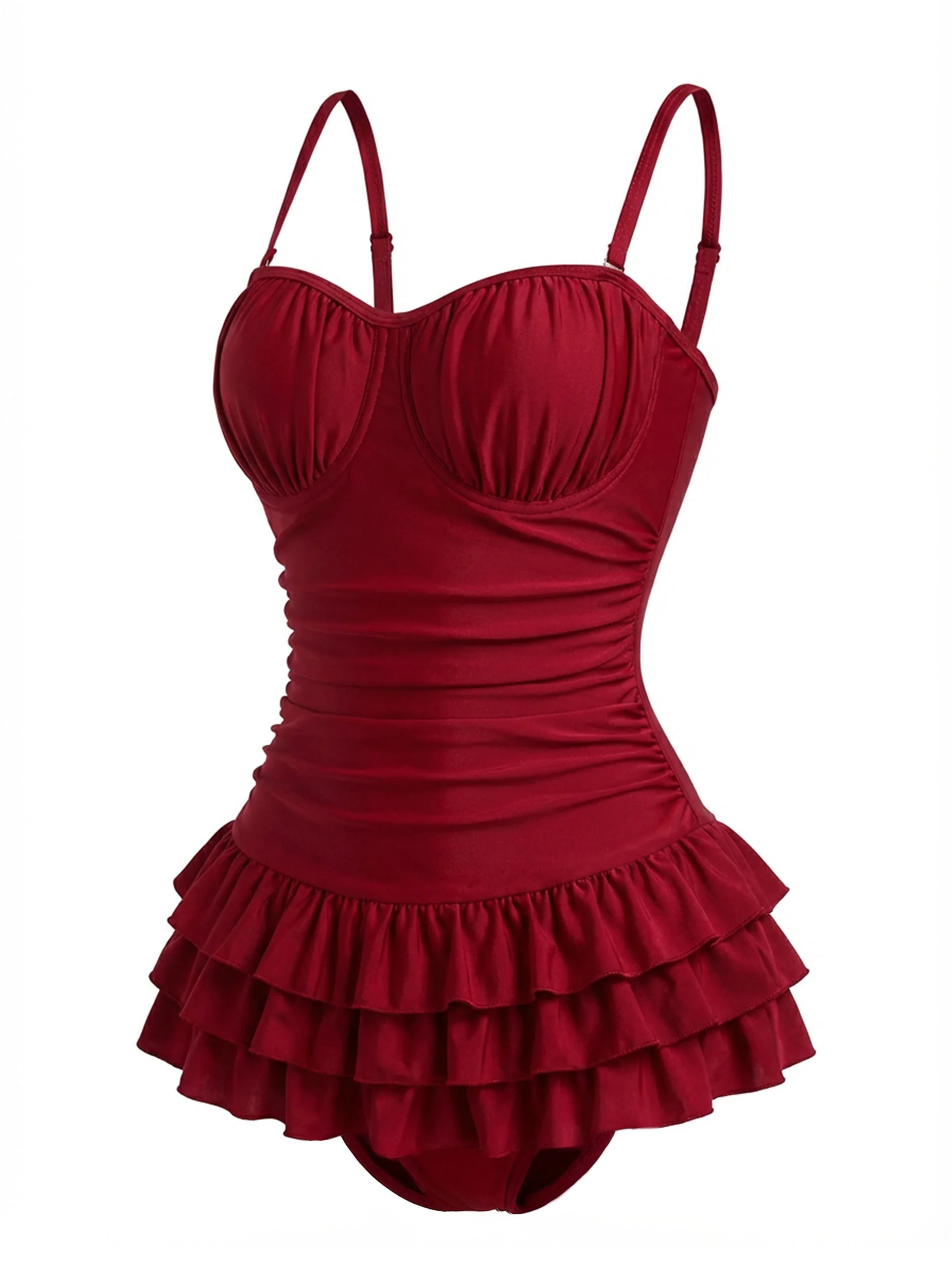 Red 1950s Ruffled Ruched Tiered One-Piece Swimsuit - Image 8