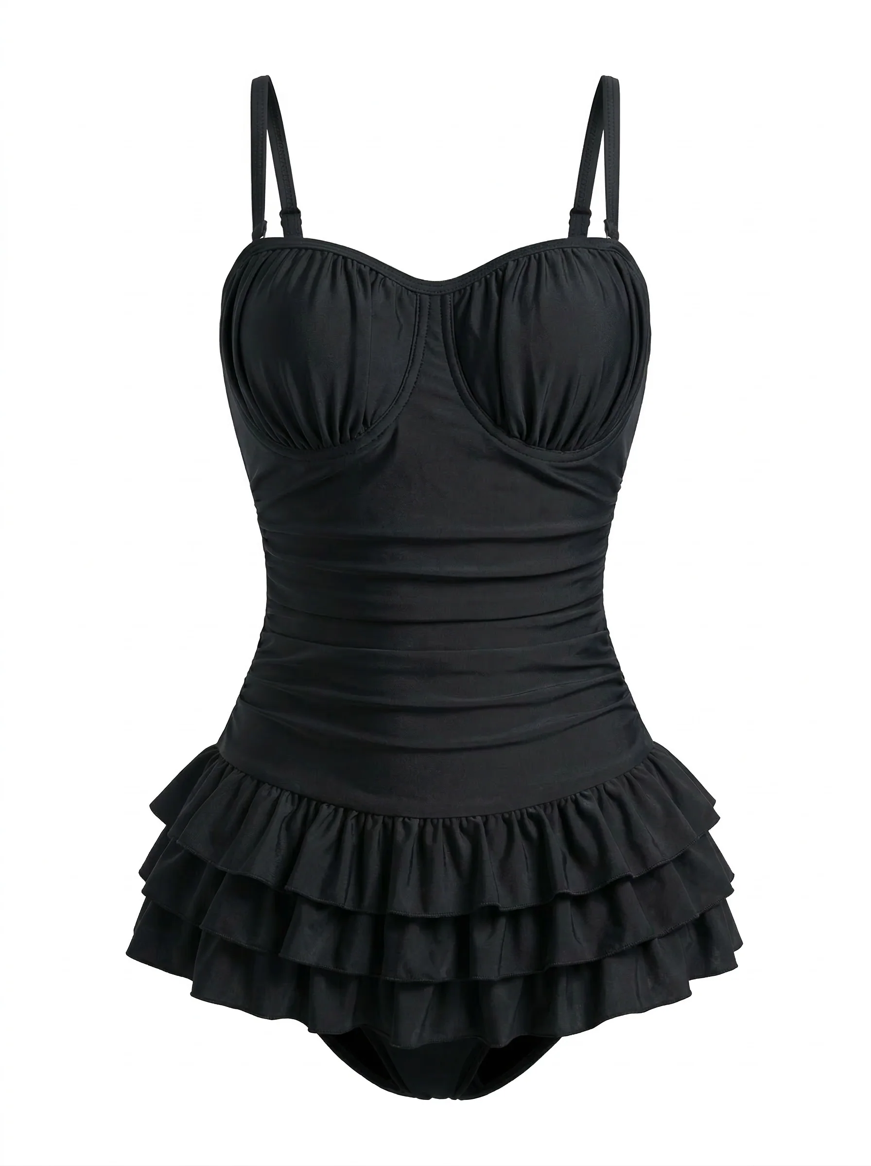 Red 1950s Ruffled Ruched Tiered One-Piece Swimsuit - Image 9