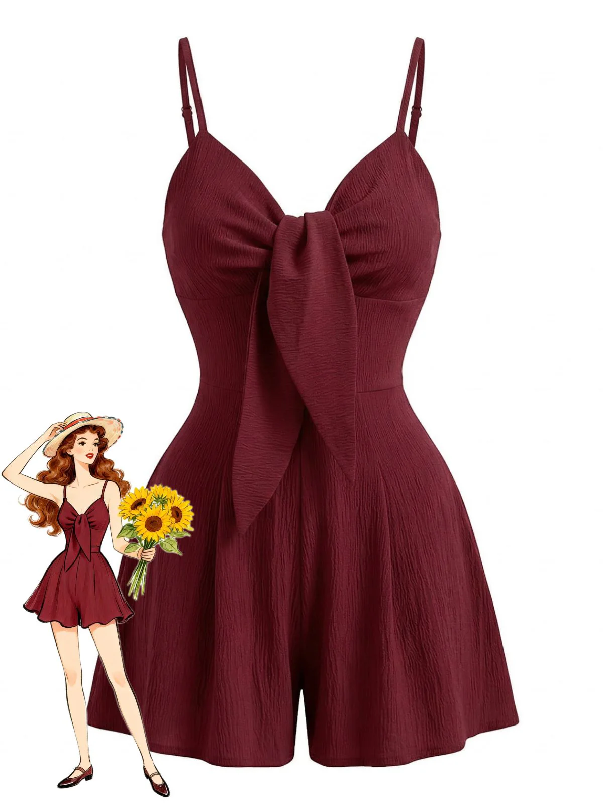 Red 1950s Solid Bow Spaghetti Strap Textured Romper