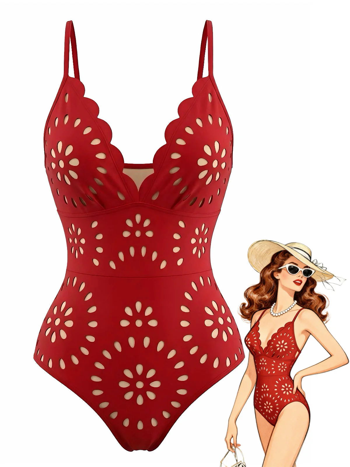 Red 1950s Solid Burnout Petal Collar Swimsuit