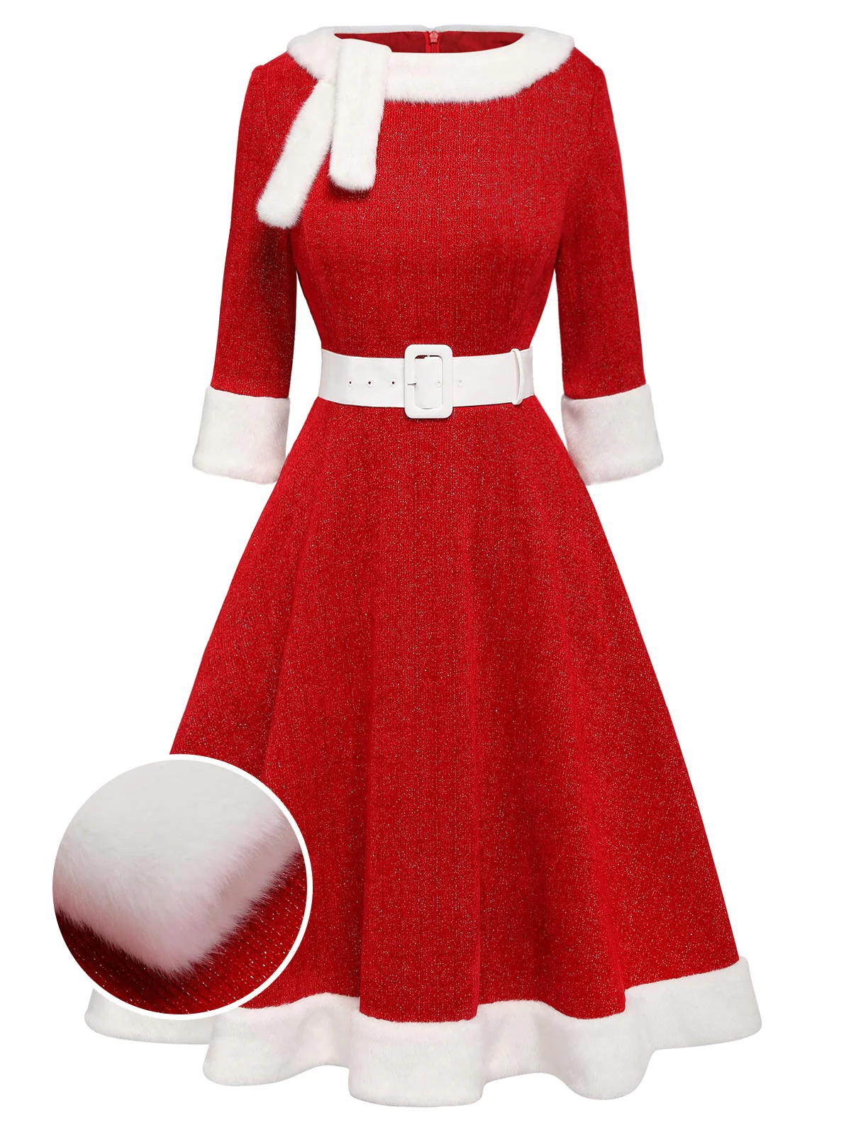 Red 1950s Solid Plush Christmas Dress - Image 2