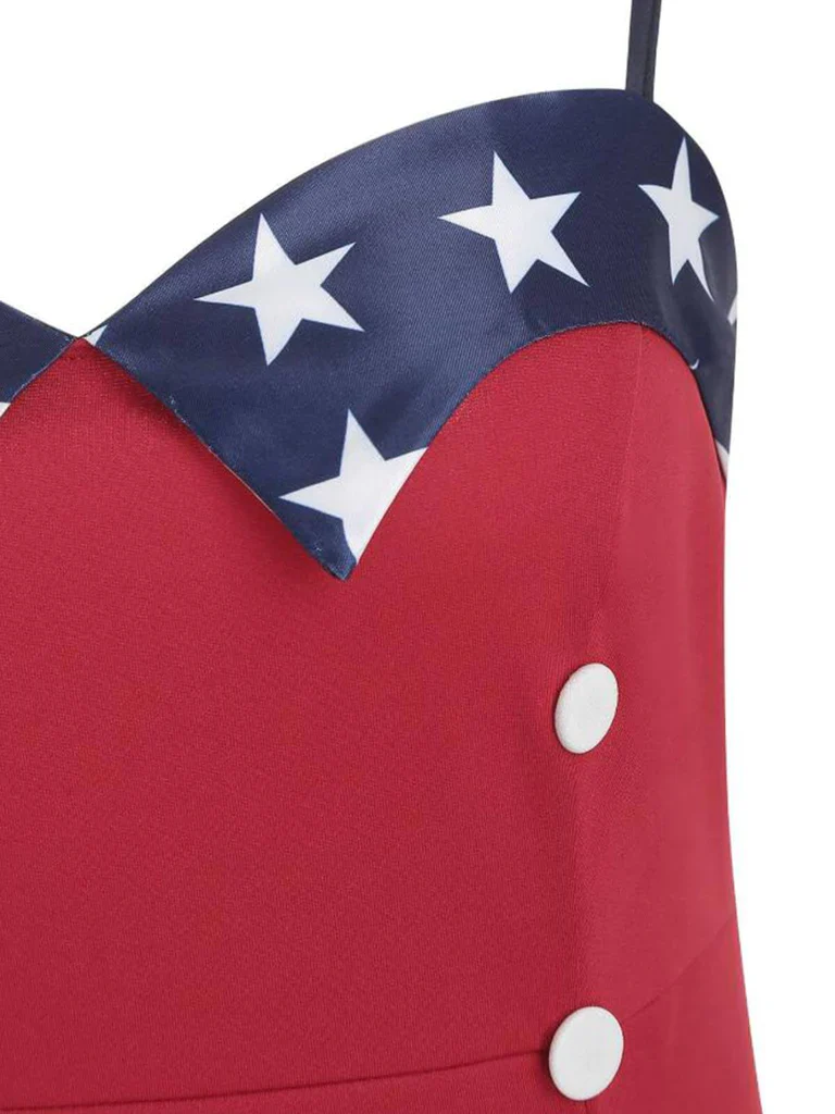 Red 1950s Stars Patchwork Strap Dress - Image 4