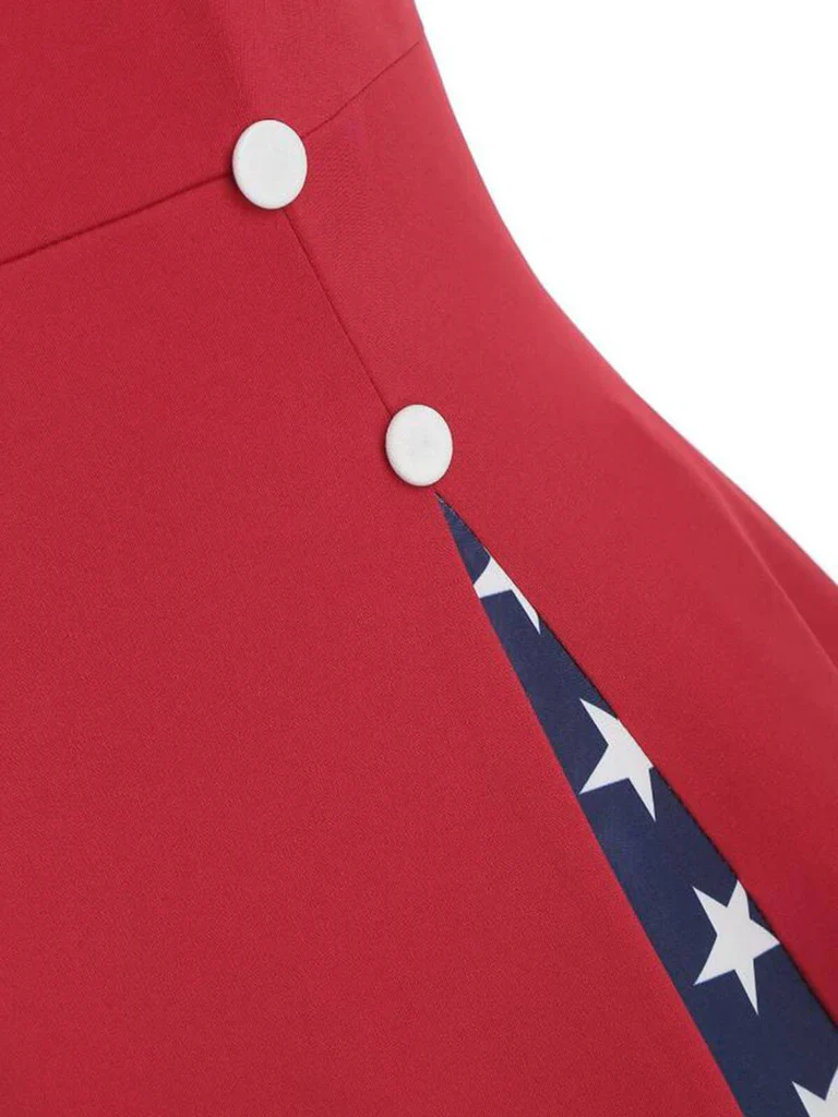 Red 1950s Stars Patchwork Strap Dress - Image 5