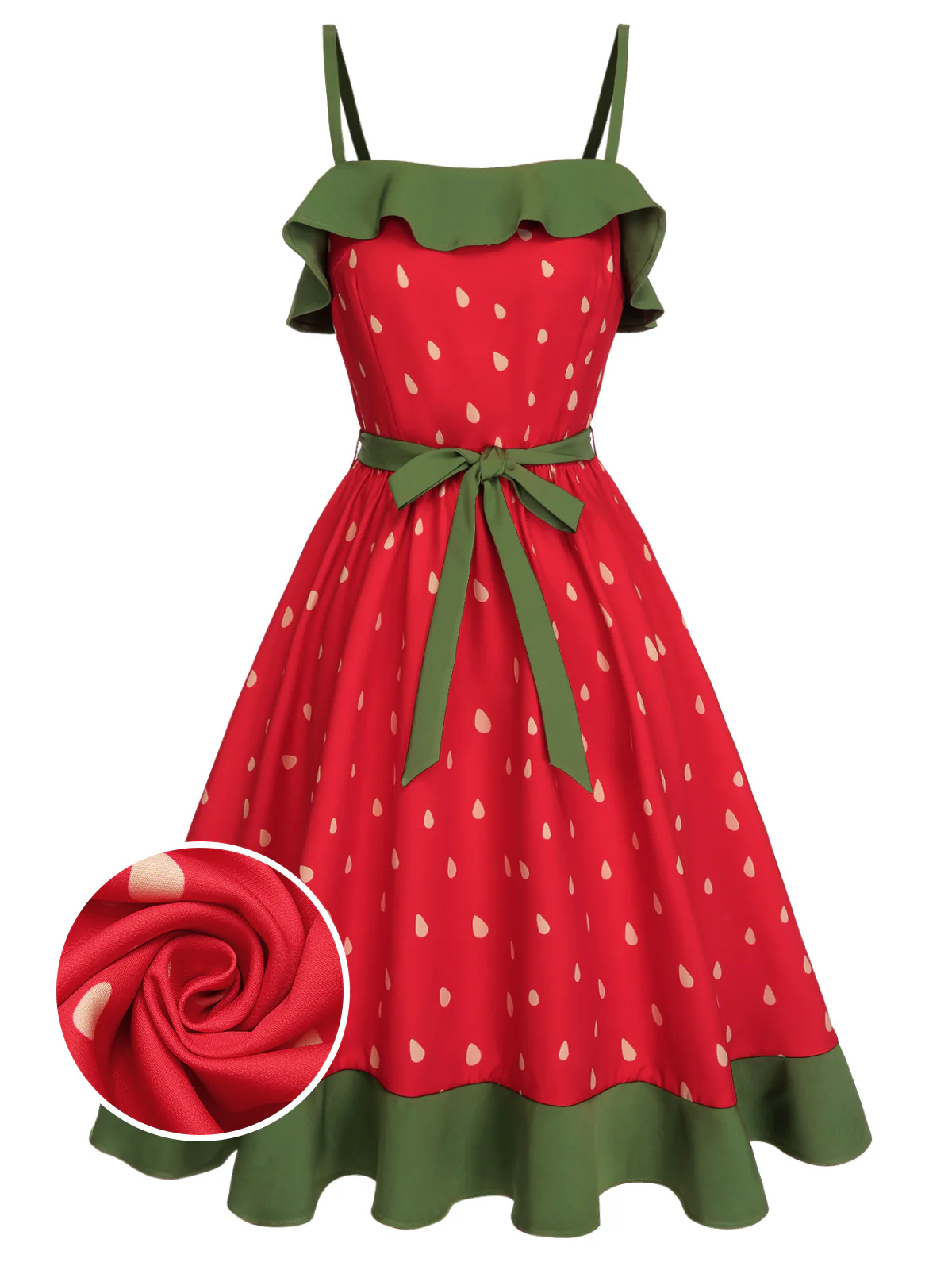 Red 1950s Strawberry Ruffle Belt Dress - Image 2
