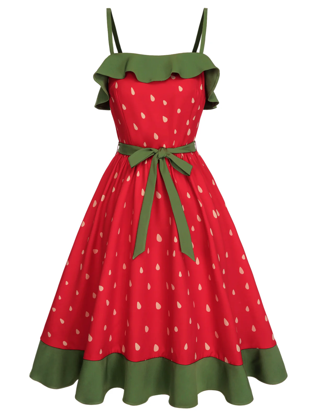 Red 1950s Strawberry Ruffle Belt Dress - Image 3