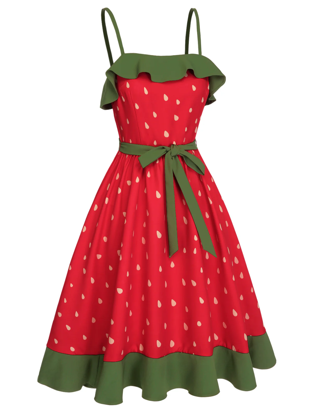 Red 1950s Strawberry Ruffle Belt Dress - Image 4