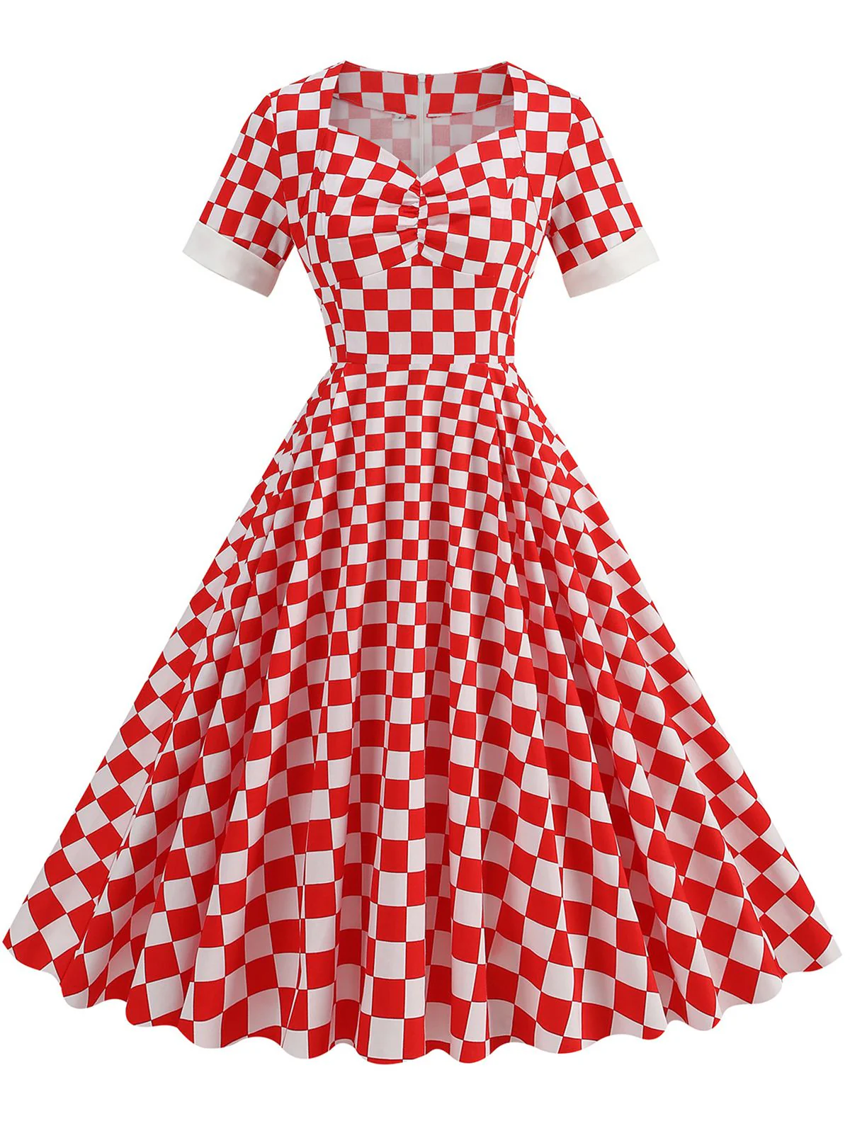 Red 1950s Sweetheart Neck Plaids Dress