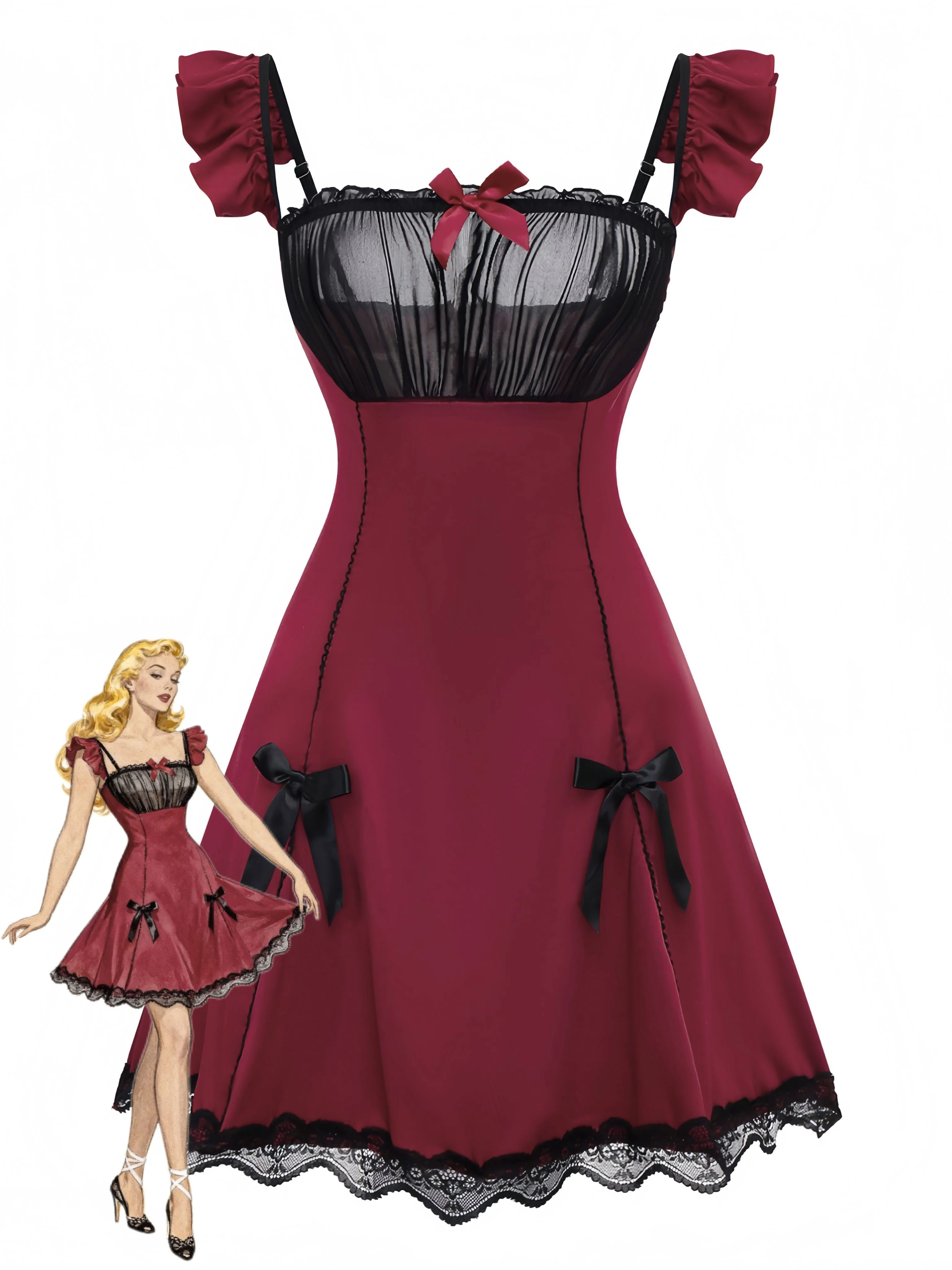 Red 1960s Bow Lace Patchwork Ruffled Nightgown