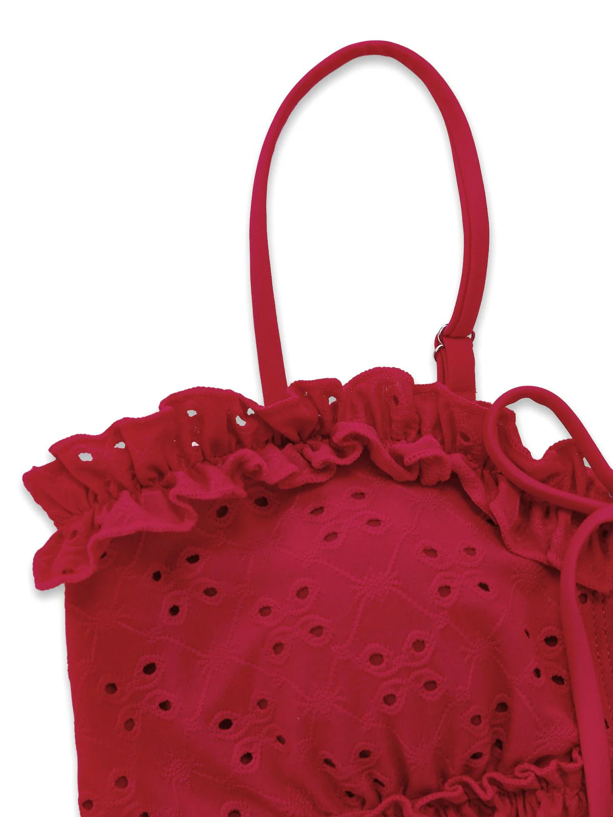 Red 1960s Embroidered Cutout Ruffled Side-Tie Tankini Set - Image 7