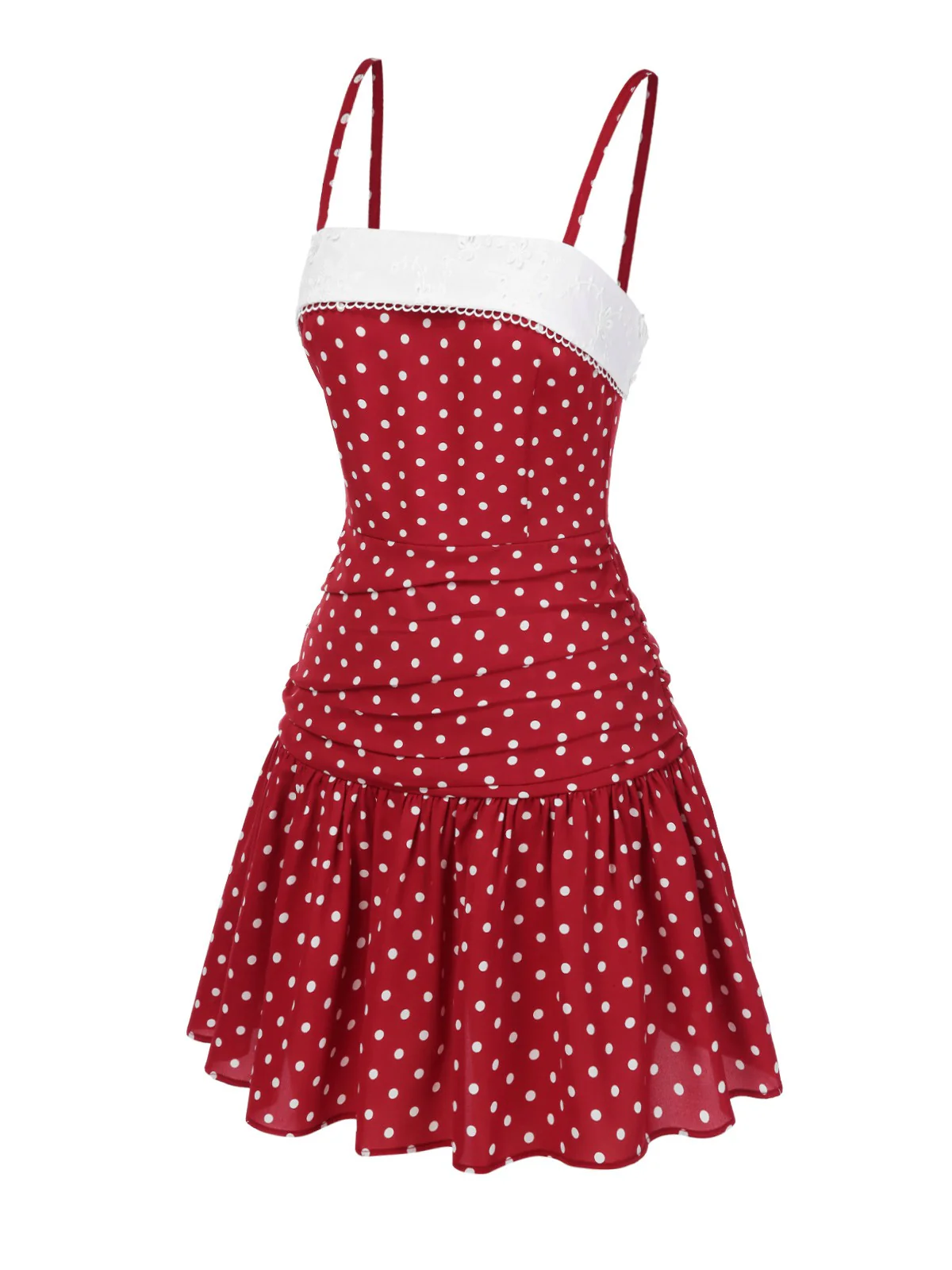 Red 1960s Lace Patchwork Polka Dots Pleated Dress - Image 6
