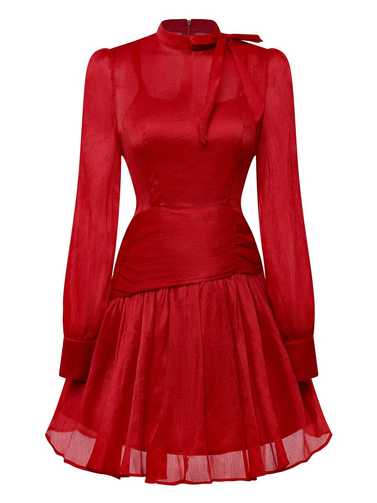 Red 1960s Solid Ruched Tie Neck Long Sleeve Dress
