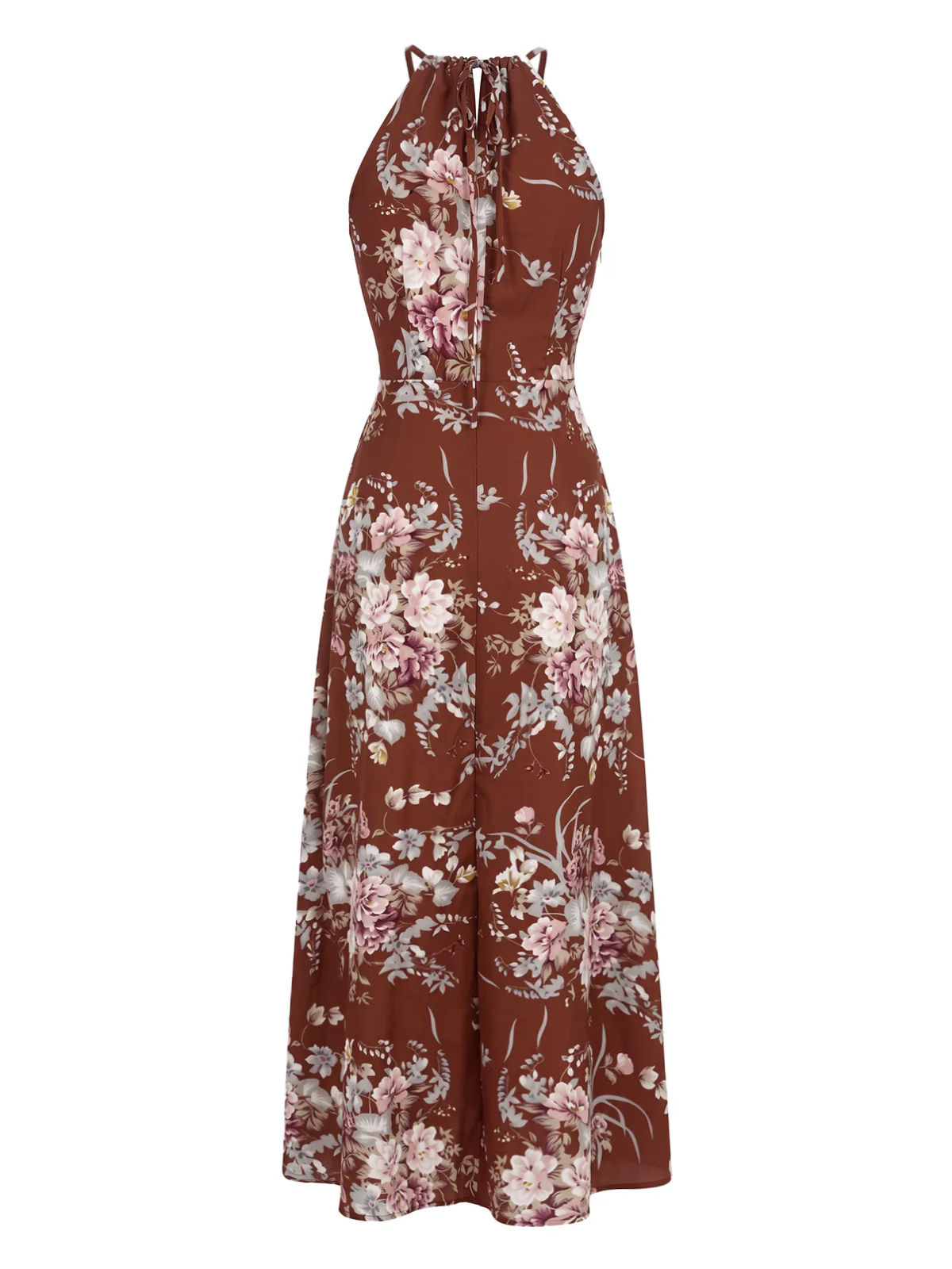 Red 1970s Boho Floral Printed Halter Split Maxi Dress - Image 3