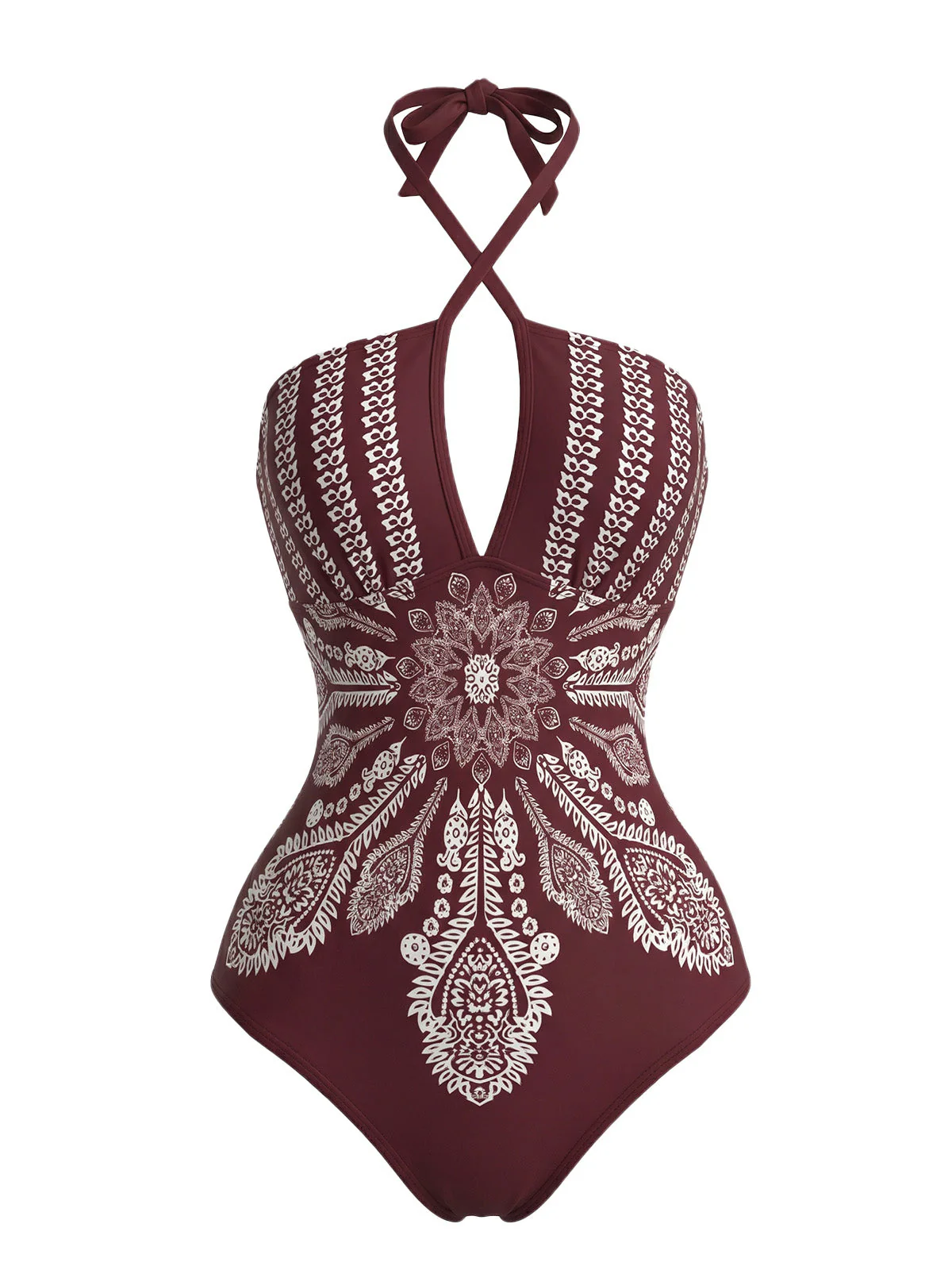Red 1970s Mandala Cross-Halter Boho One-Piece Swimsuit