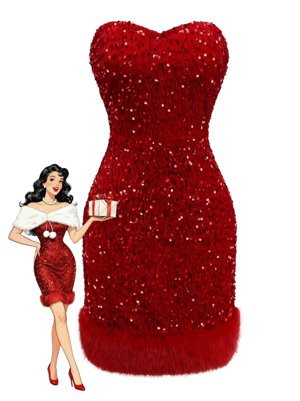 Red 1970s Velvet Sequin Faux Fur Trim Strapless Dress