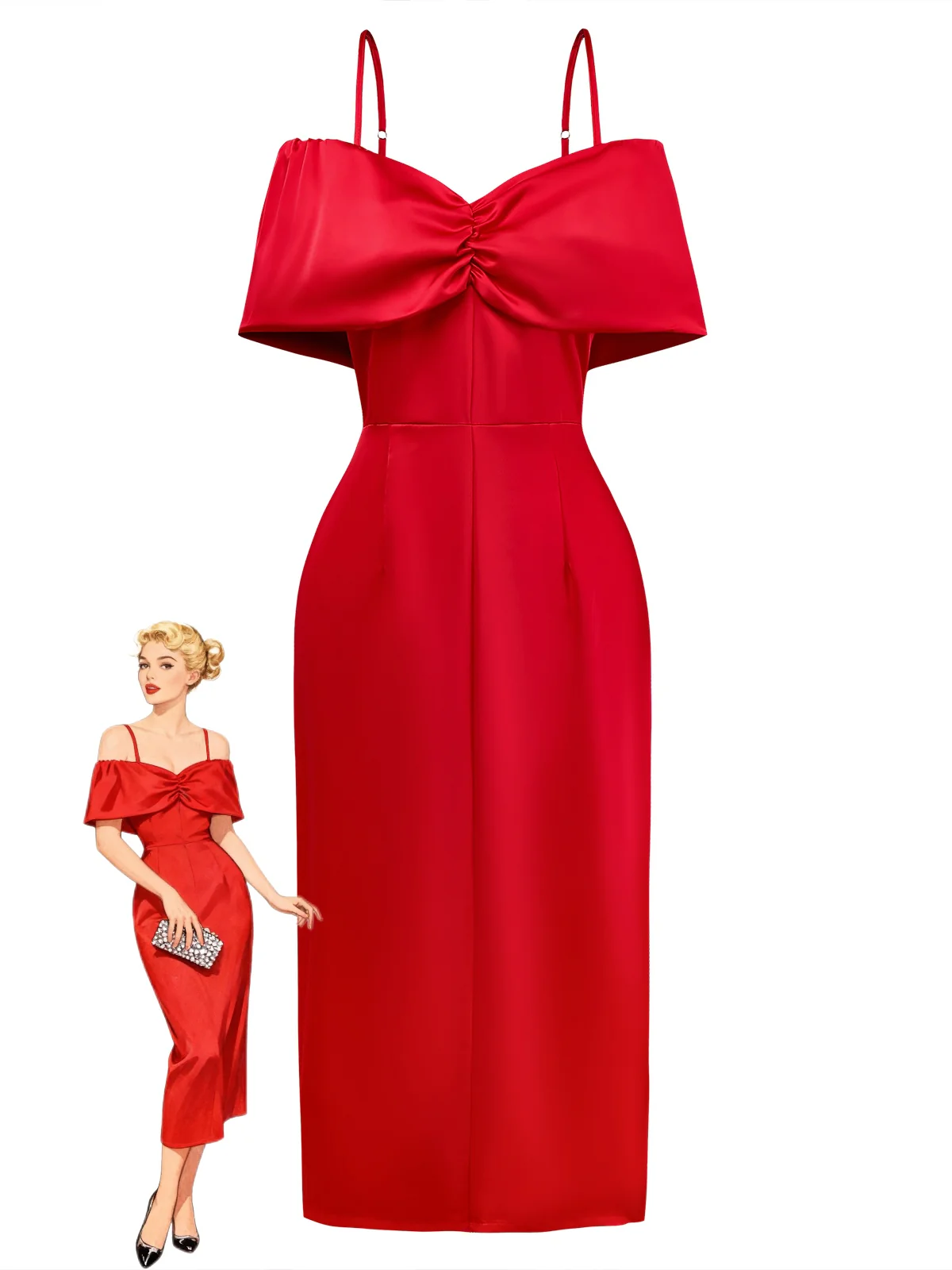 Red 1980s Bow Off-Shoulder Satin Side Slit Midi Dress
