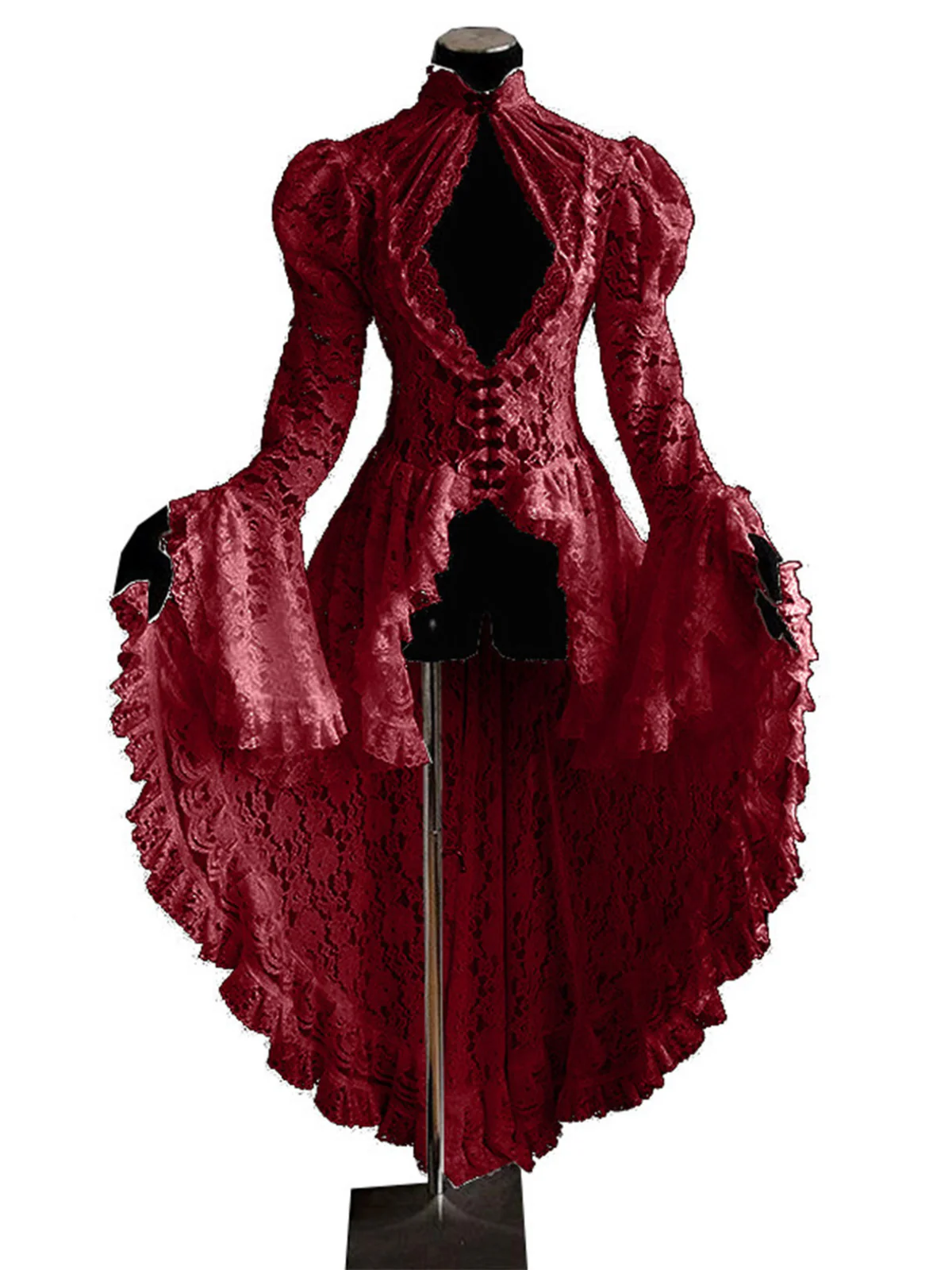 Red 1980s Gigot Sleeve Victorian Lace Dress