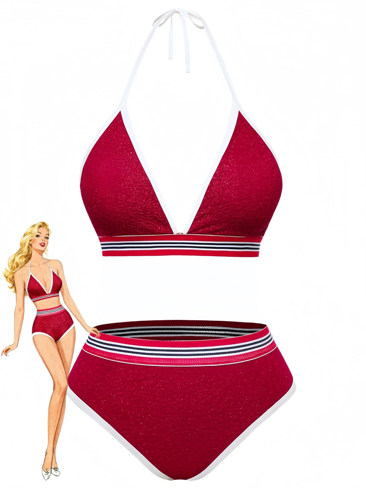 Red 1980s Glitter Halter High Waist Bikini Set