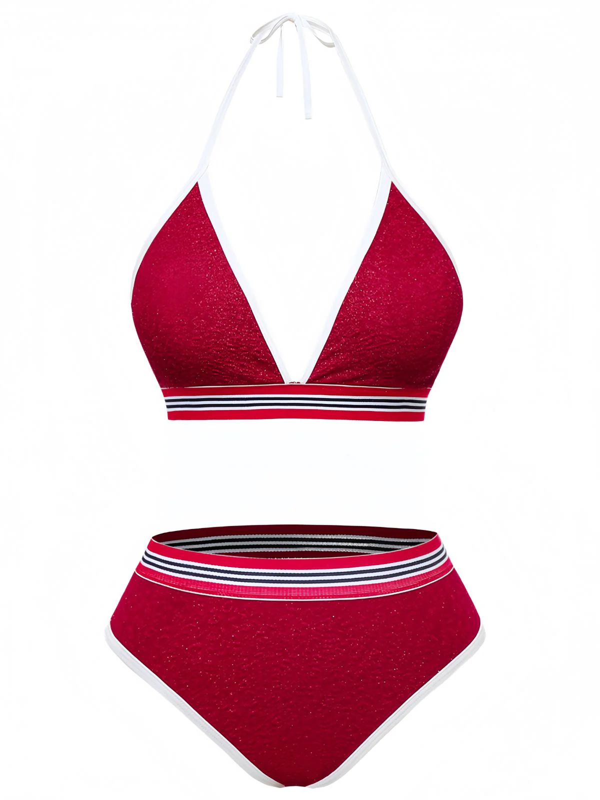 Red 1980s Glitter Halter High Waist Bikini Set - Image 2