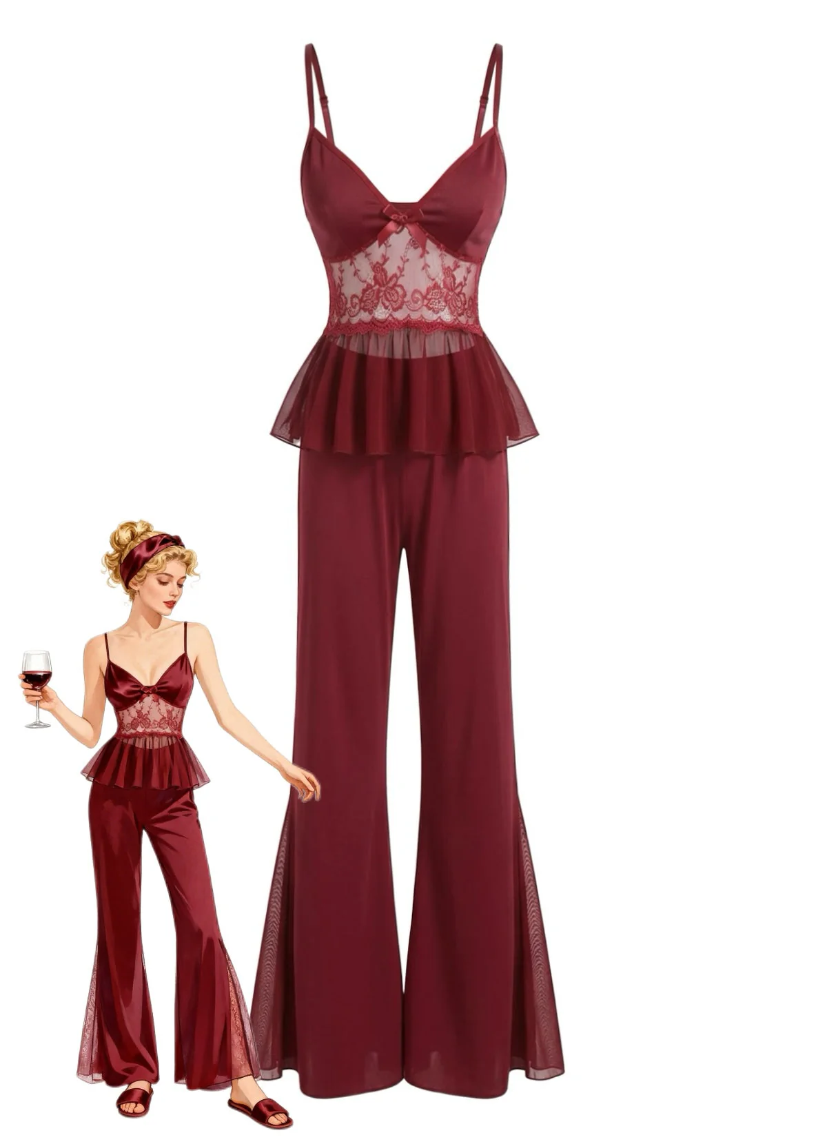 Red 1980s Lace Camisole and Flare Leg Pajama Set