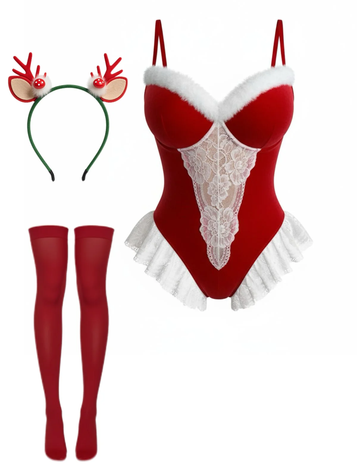 Red 1980s Reindeer Lace Christmas Lingerie Set