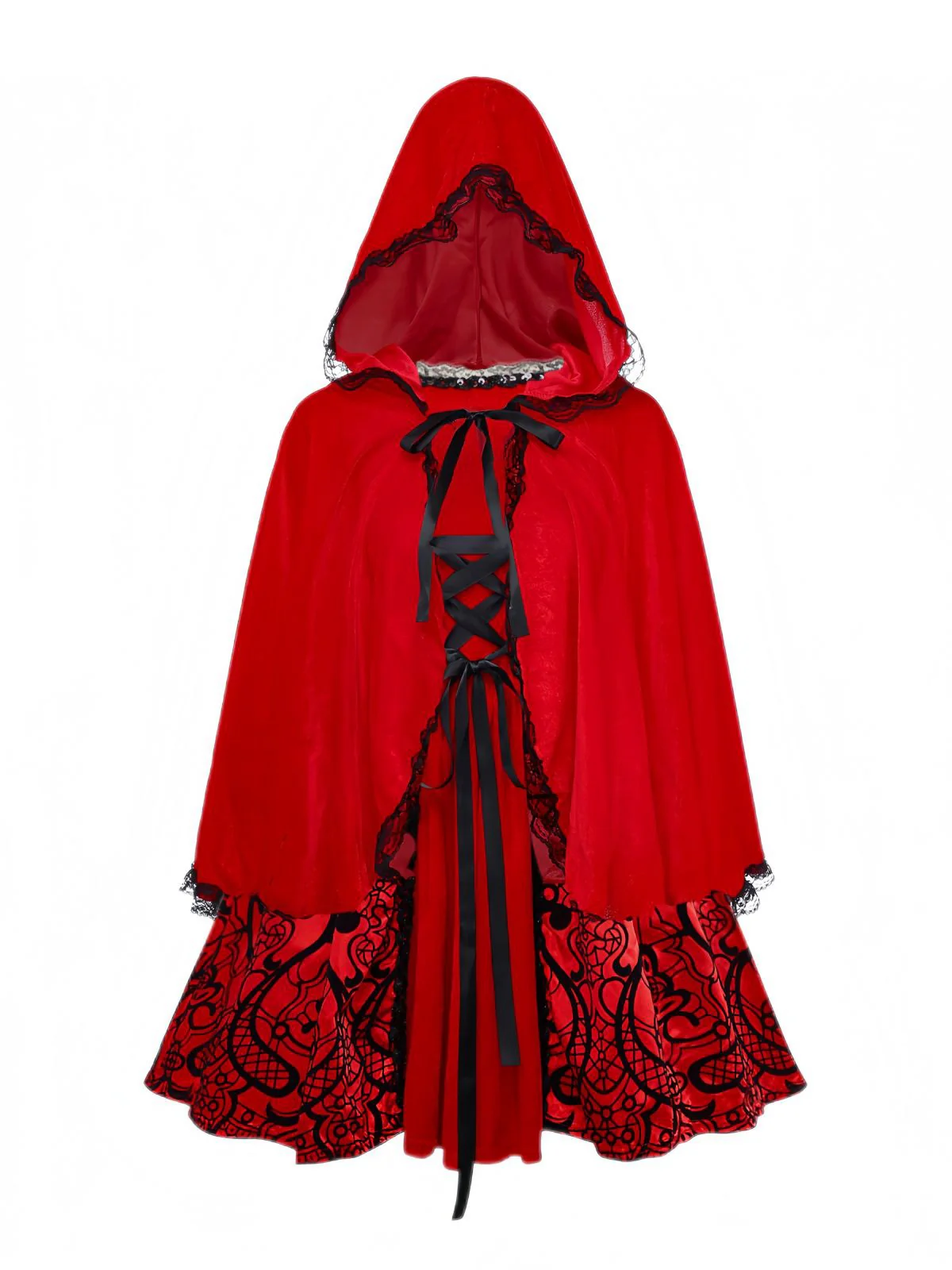 Red 1980s Velvet Lace Sequined Strapless Dress & Cape