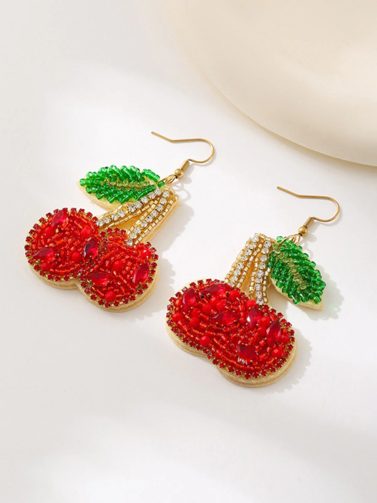 Red Beaded Cherry Drop Earrings - Image 2