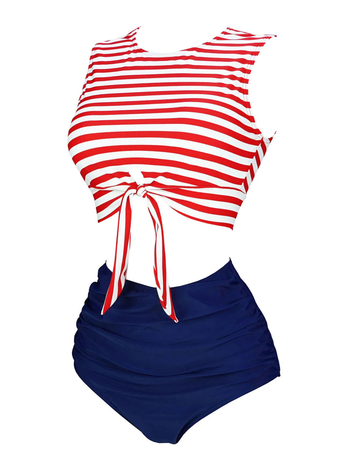 Red & Blue 1970s Striped Waist Tie Patchwork Swimsuit - Image 2