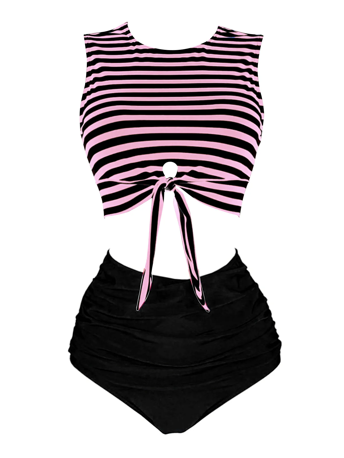 Red & Blue 1970s Striped Waist Tie Patchwork Swimsuit - Image 8