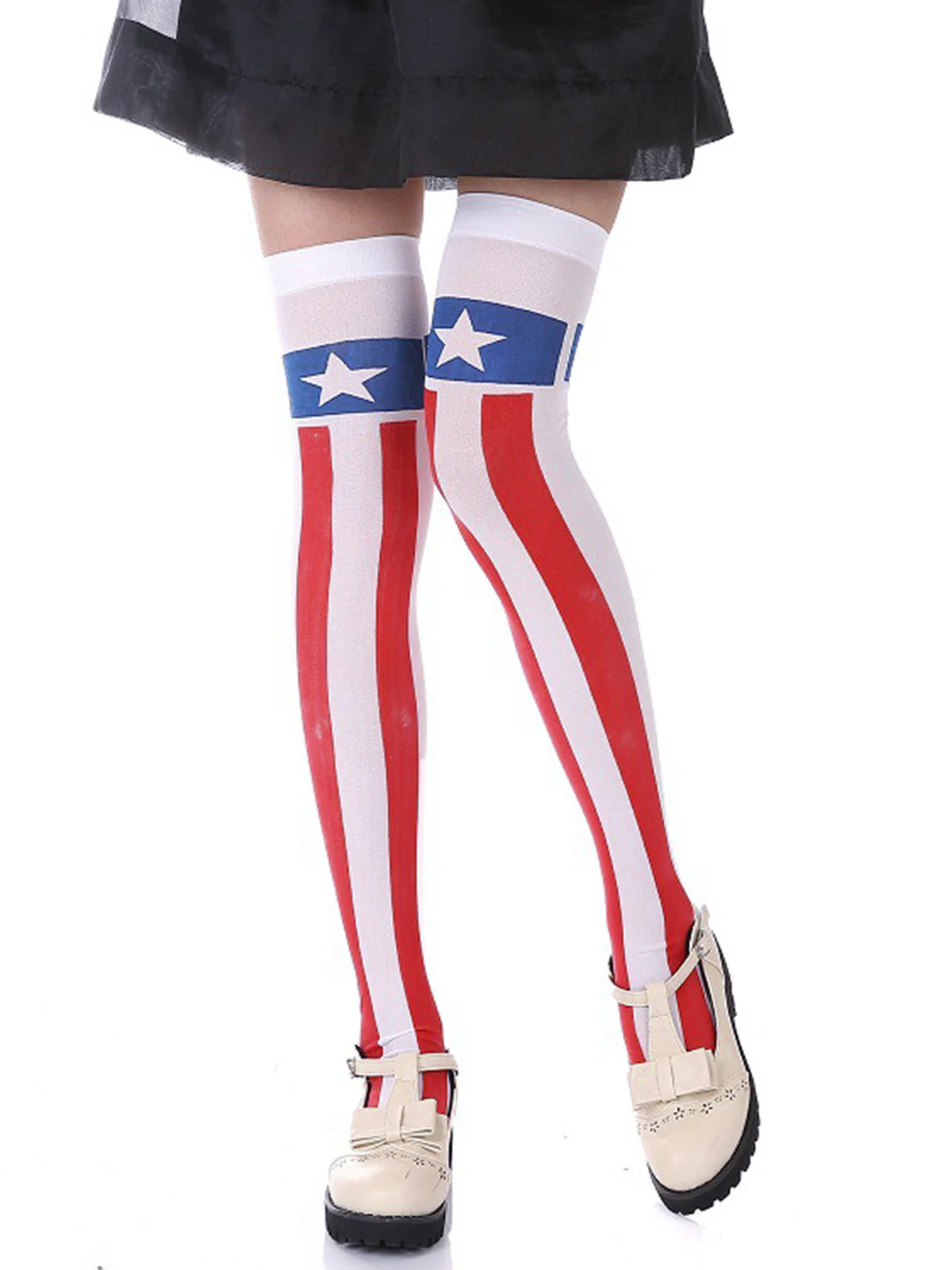 Red & Blue & White Star Stripe Thigh-High Stockings