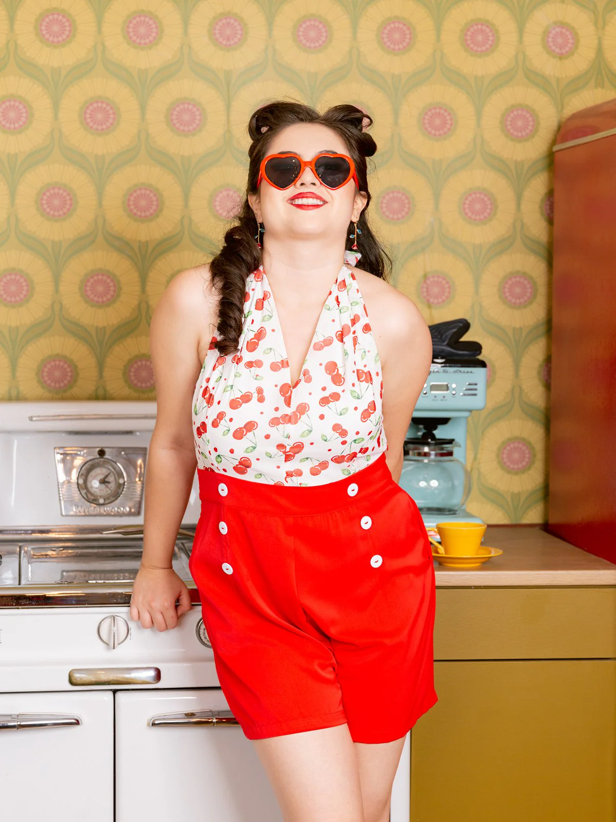 Red Cherry V-Neck Halter Lace-Up Romper - Image 2