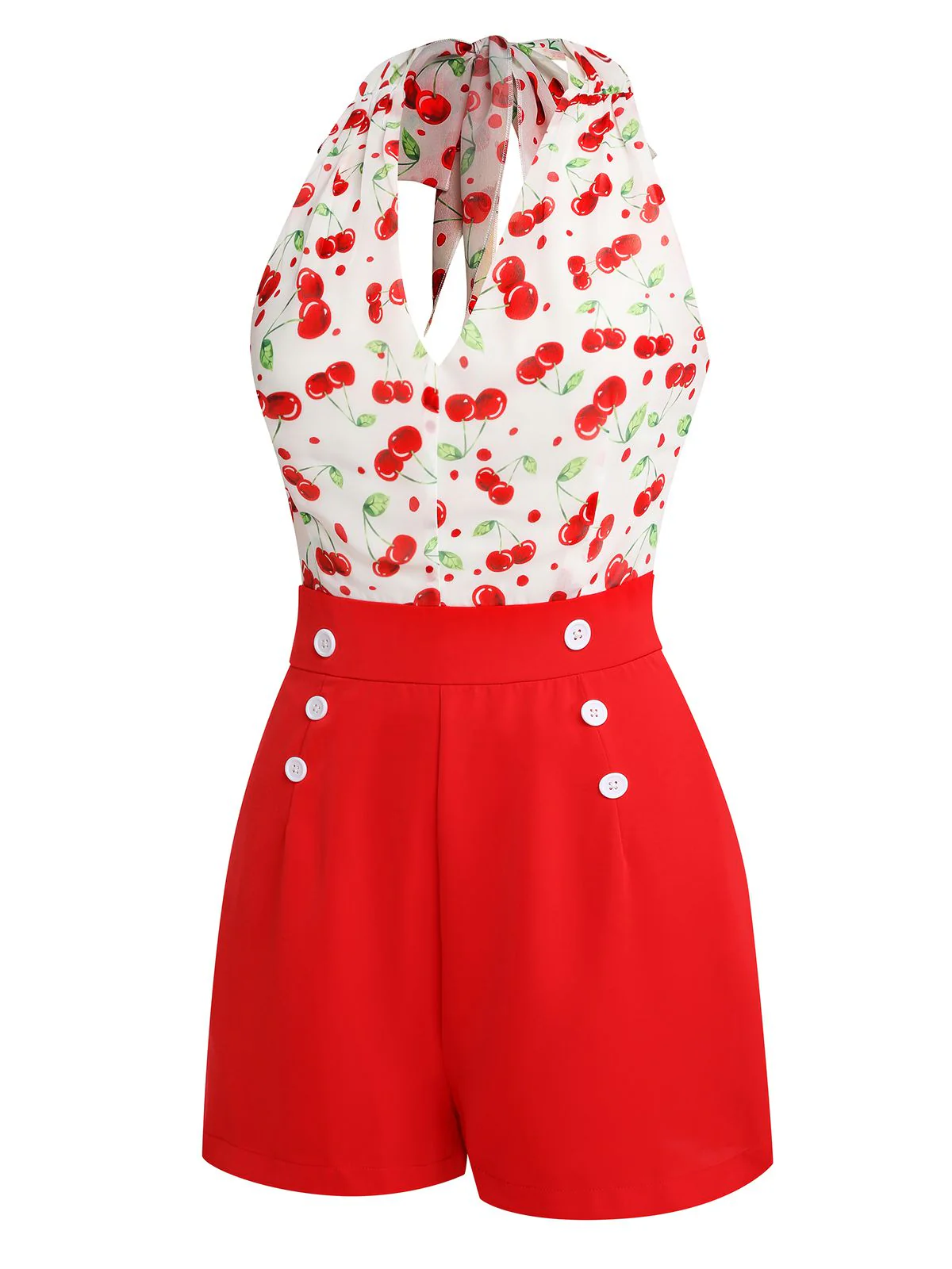 Red Cherry V-Neck Halter Lace-Up Romper - Image 6